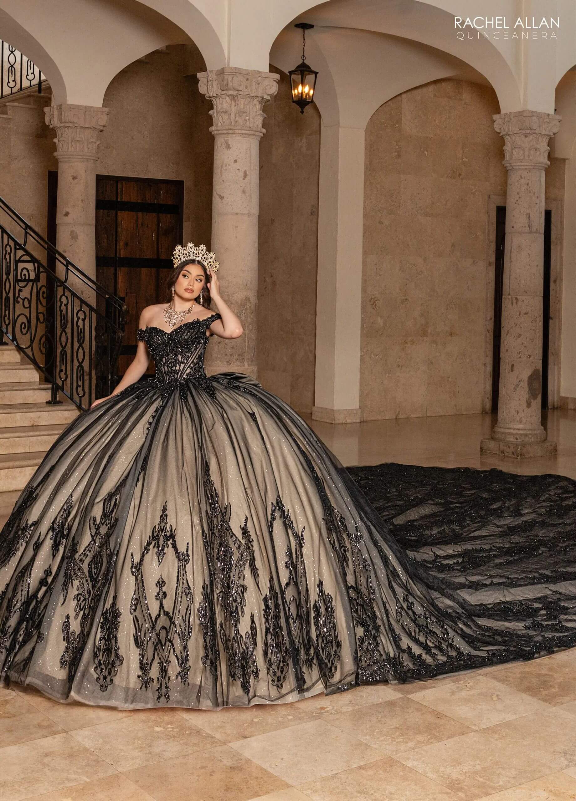 Black Champagne Off the Shoulder Floor Length Glitter Tulle Quinceanera Ball Gown Rachel Allan RQ2247
