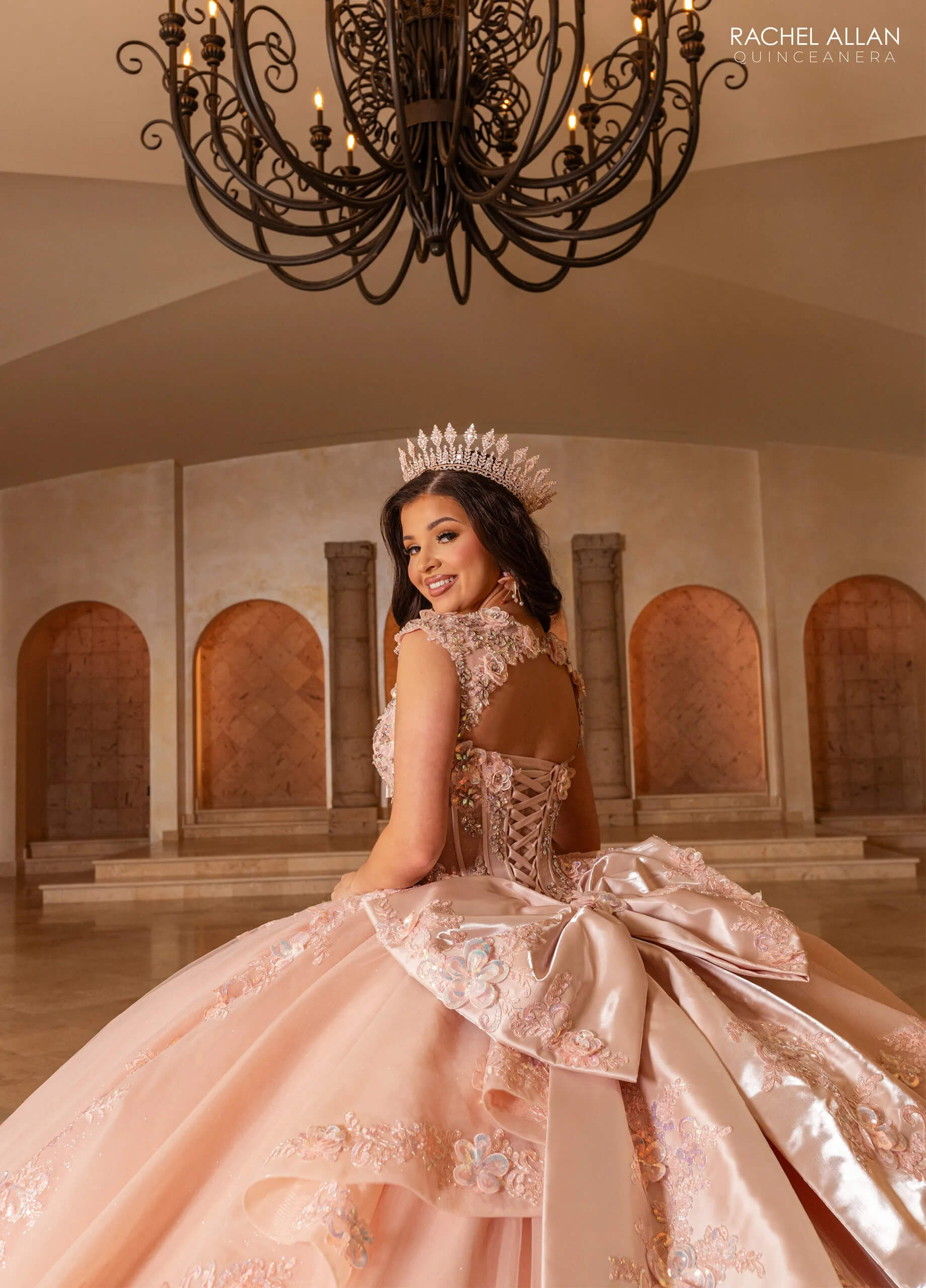 Blush V Neck Floor Length Glitter Tulle Quinceanera Ball Gown Rachel Allan RQ2244