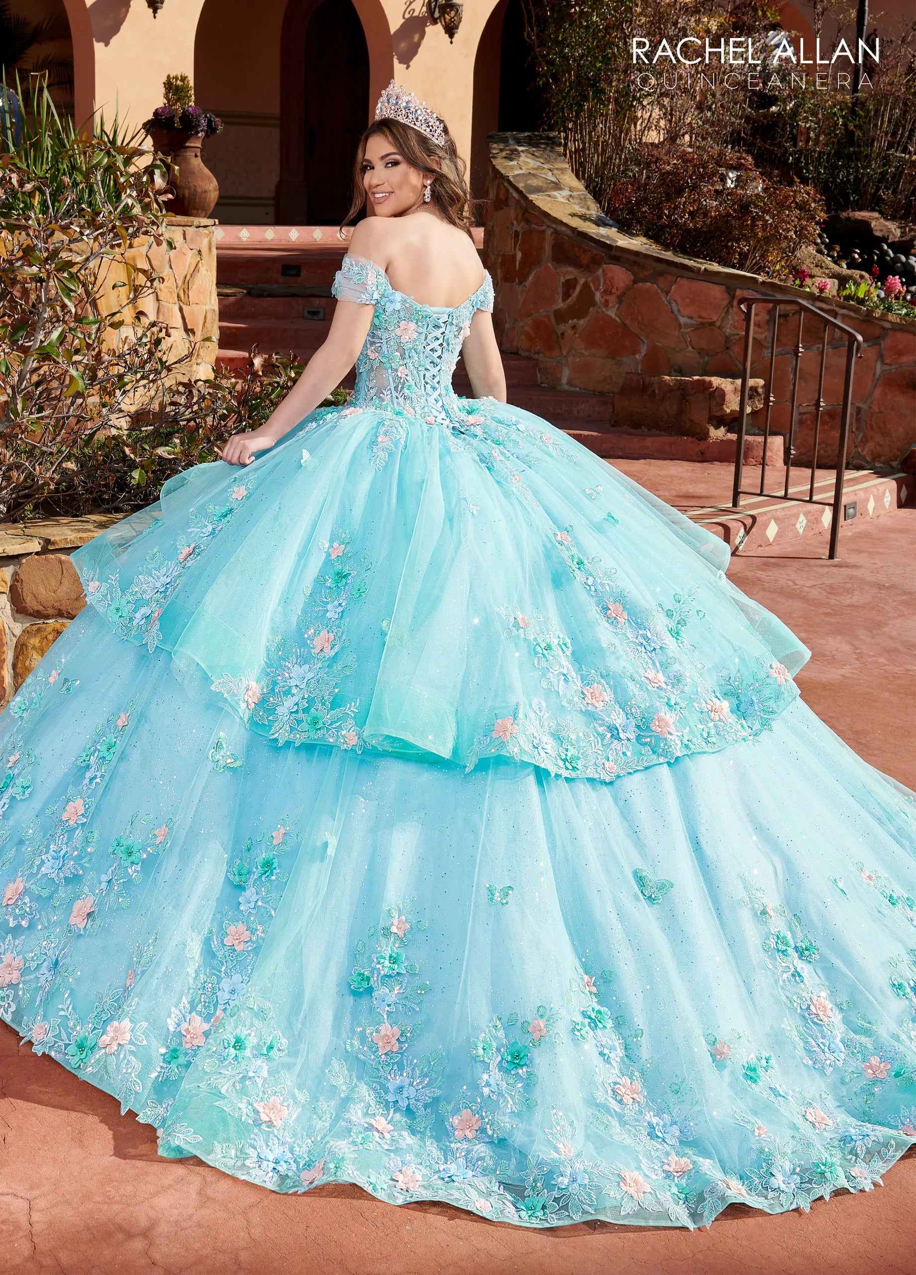 Aqua Light Blue Multi Off-the-Shoulder Floor-Length Glitter Tulle Quinceanera Ball Gown with Sweetheart Corset Bodice Rachel Allan RQ2179