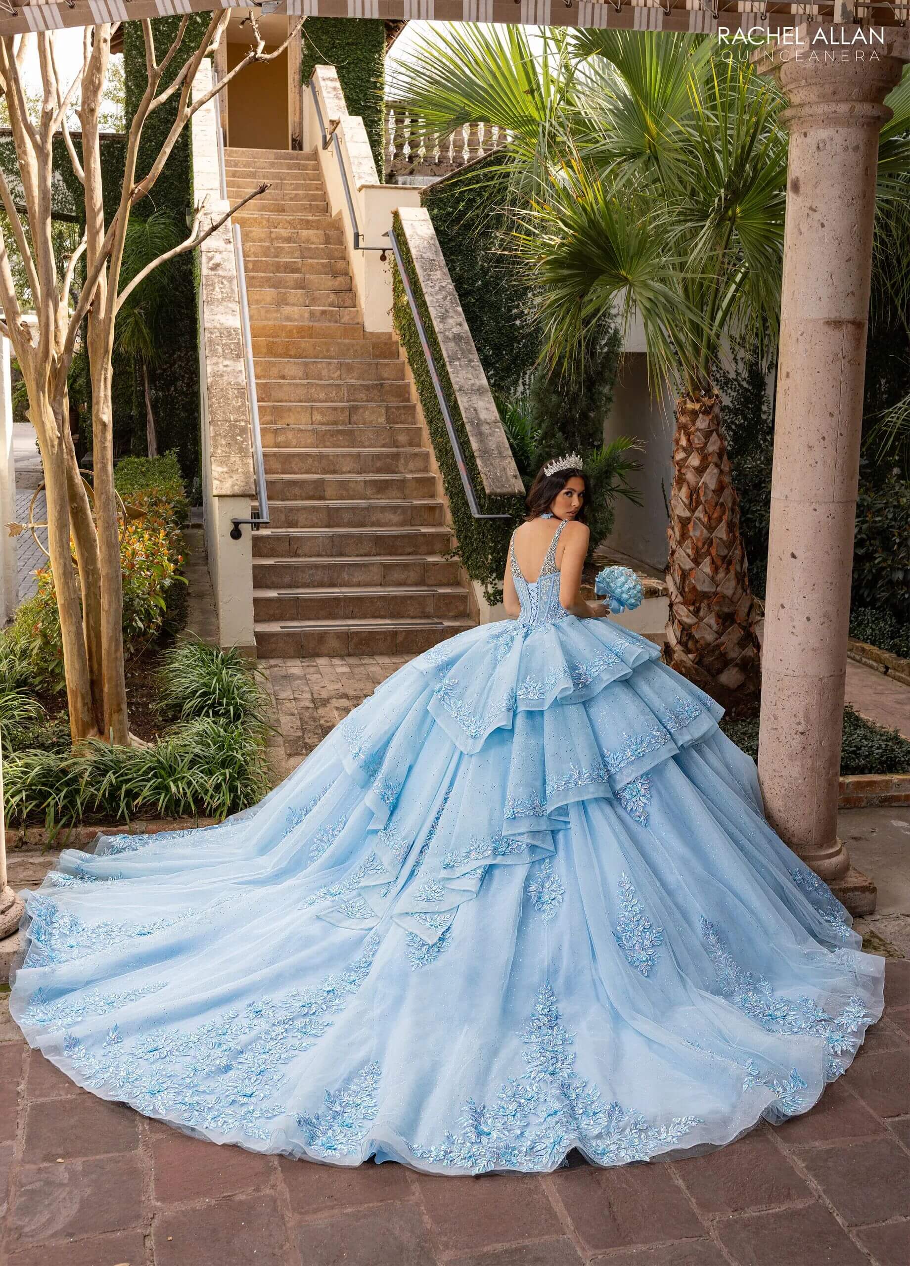 Soft Sky Blue Sweetheart Floor Length Glitter Tulle Quinceanera Ball Gown with Tiered Overskirt and Corset Overlay Rachel Allan RQ3158