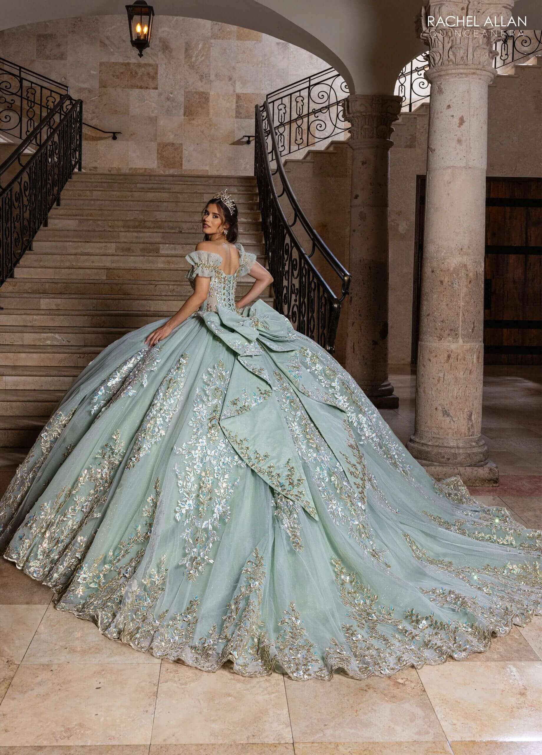 Ivory Sage Sweetheart Off the Shoulder Floor Length Glitter Tulle Quinceanera Ball Gown Rachel Allan RQ2240