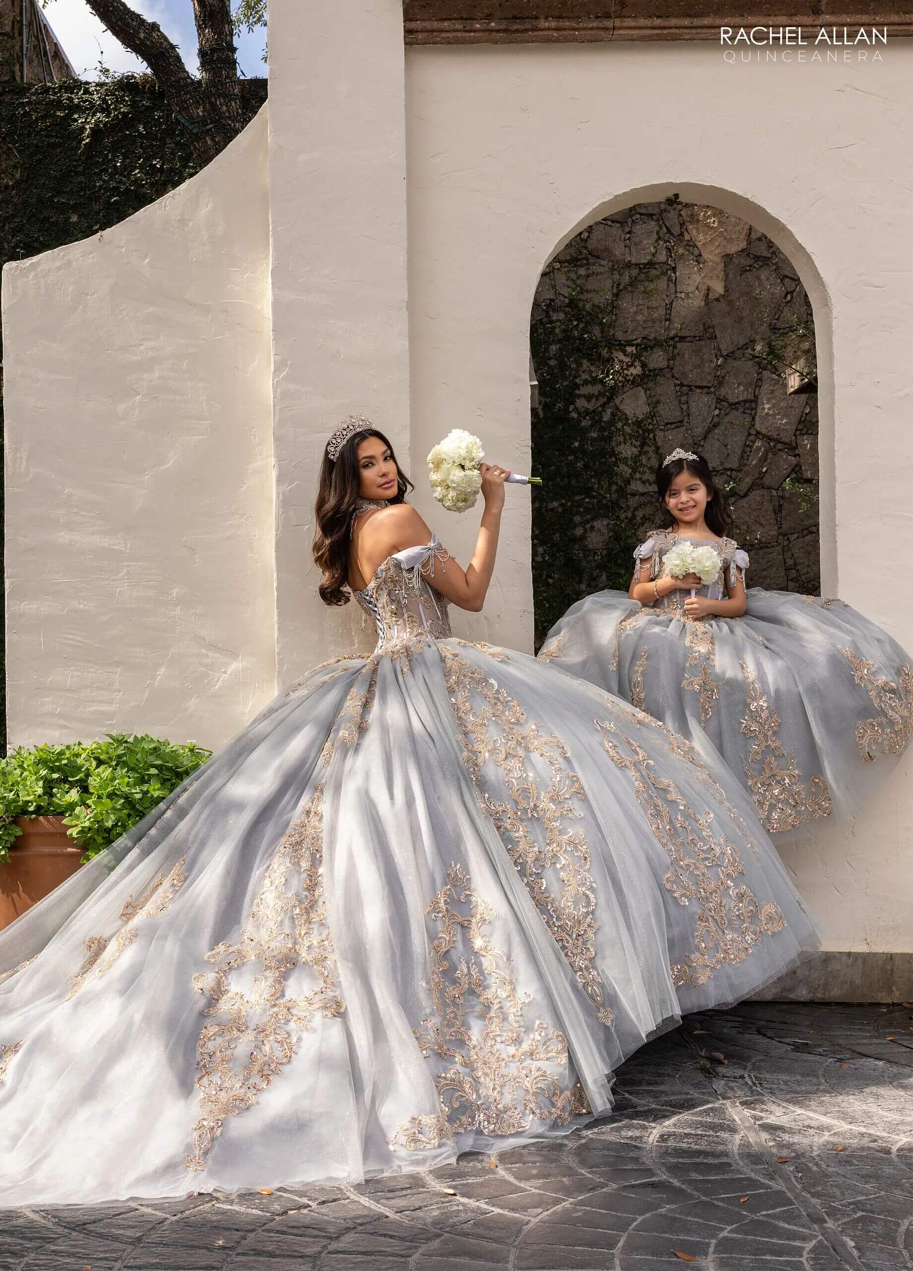 Silver Rose Gold Off the Shoulder Floor Length Glitter Tulle Quinceanera Ball Gown with Regal Applique Detachable Necklace and Bodice Liner Rachel Allan RQ2230