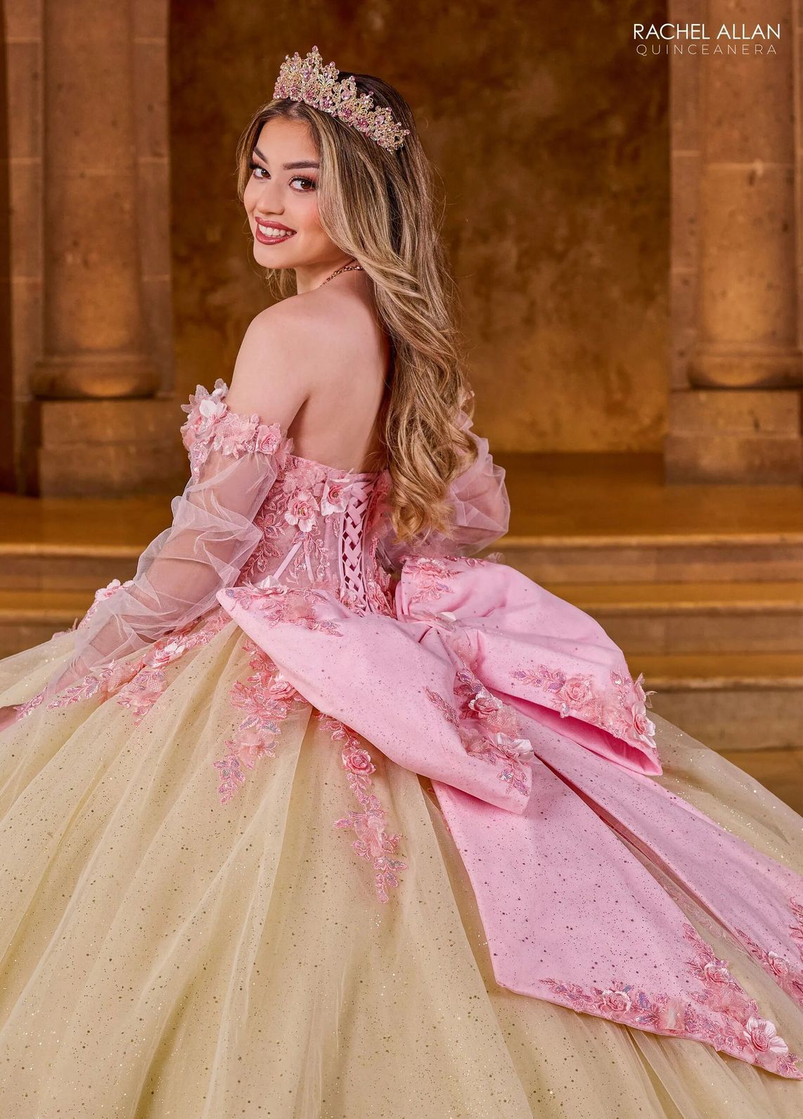 Pink Champagne Off the Shoulder Floor Length Glitter Tulle Quinceanera Ball Gown with Floral Applique Rachel Allan RQ2196