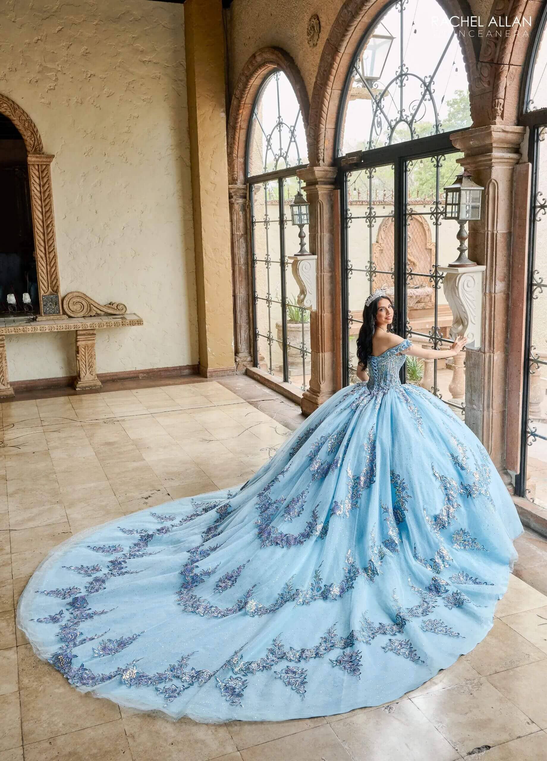 Light Blue Off the Shoulder Floor-Length Glitter Tulle Quinceanera Ball Gown with Embroidered Appliqué Train Rachel Allan RQ2205