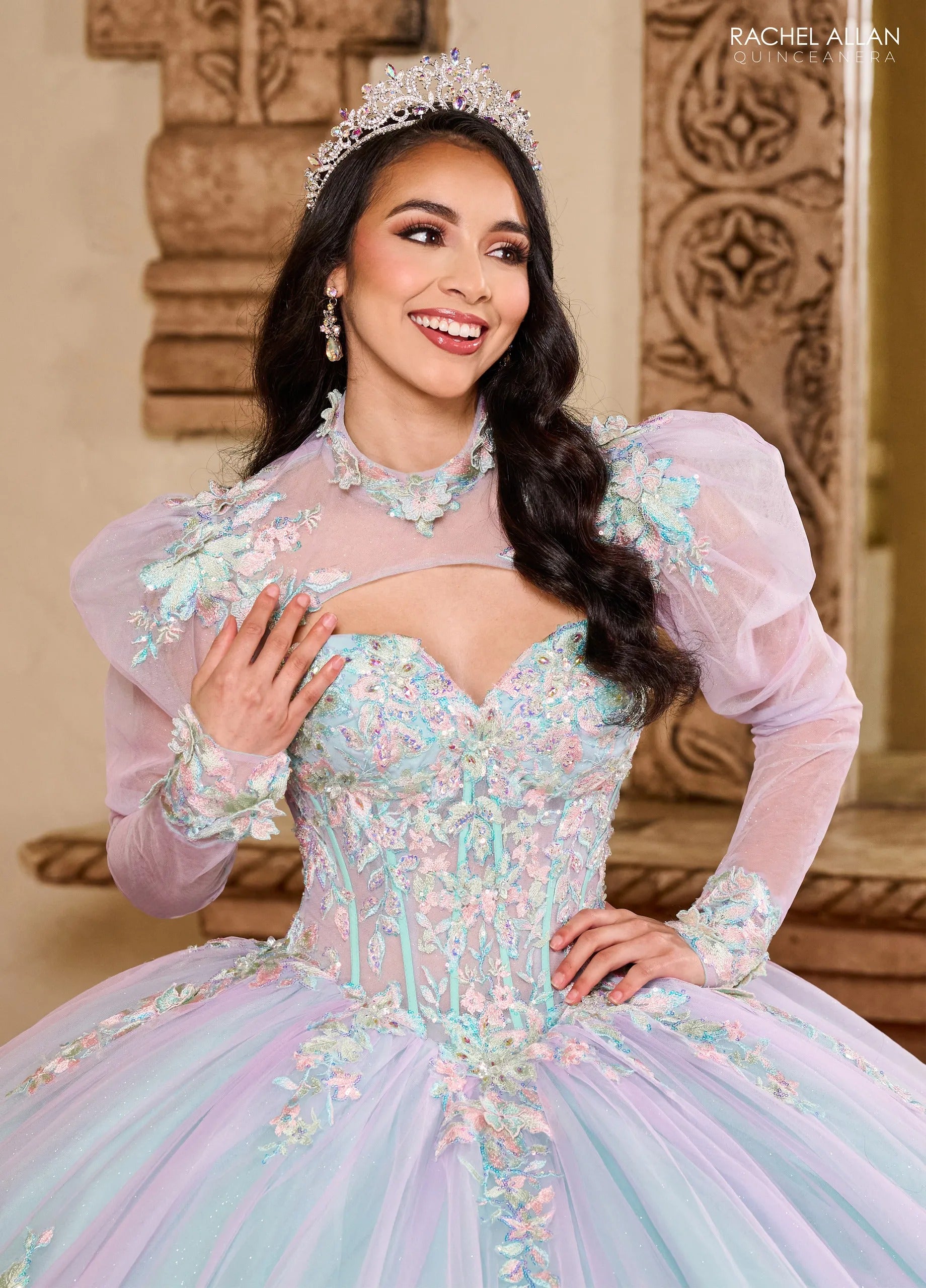 Lilac Aqua Sweetheart Floor Length Glitter Tulle Quinceanera Ball Gown Rachel Allan RQ2200