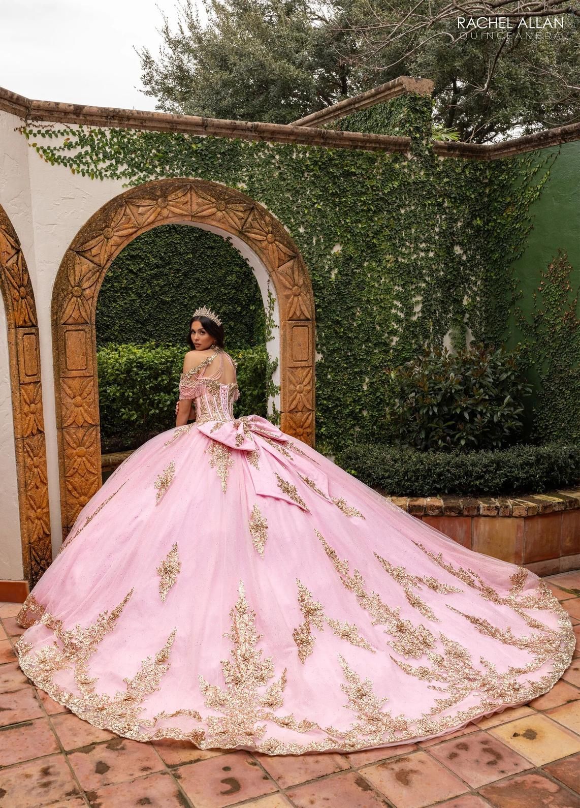Blush Gold Sweetheart Floor Length Glitter Tulle Quinceanera Ball Gown with 3D Floral Applique Rachel Allan RQ2225