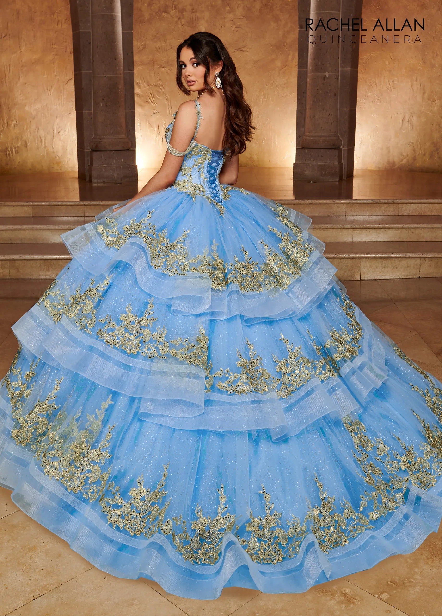 Azure Gold Scoop Neck Floor Length Glitter Tulle Quinceanera Ball Gown with Tiered Skirt  Rachel Allan RQ2169