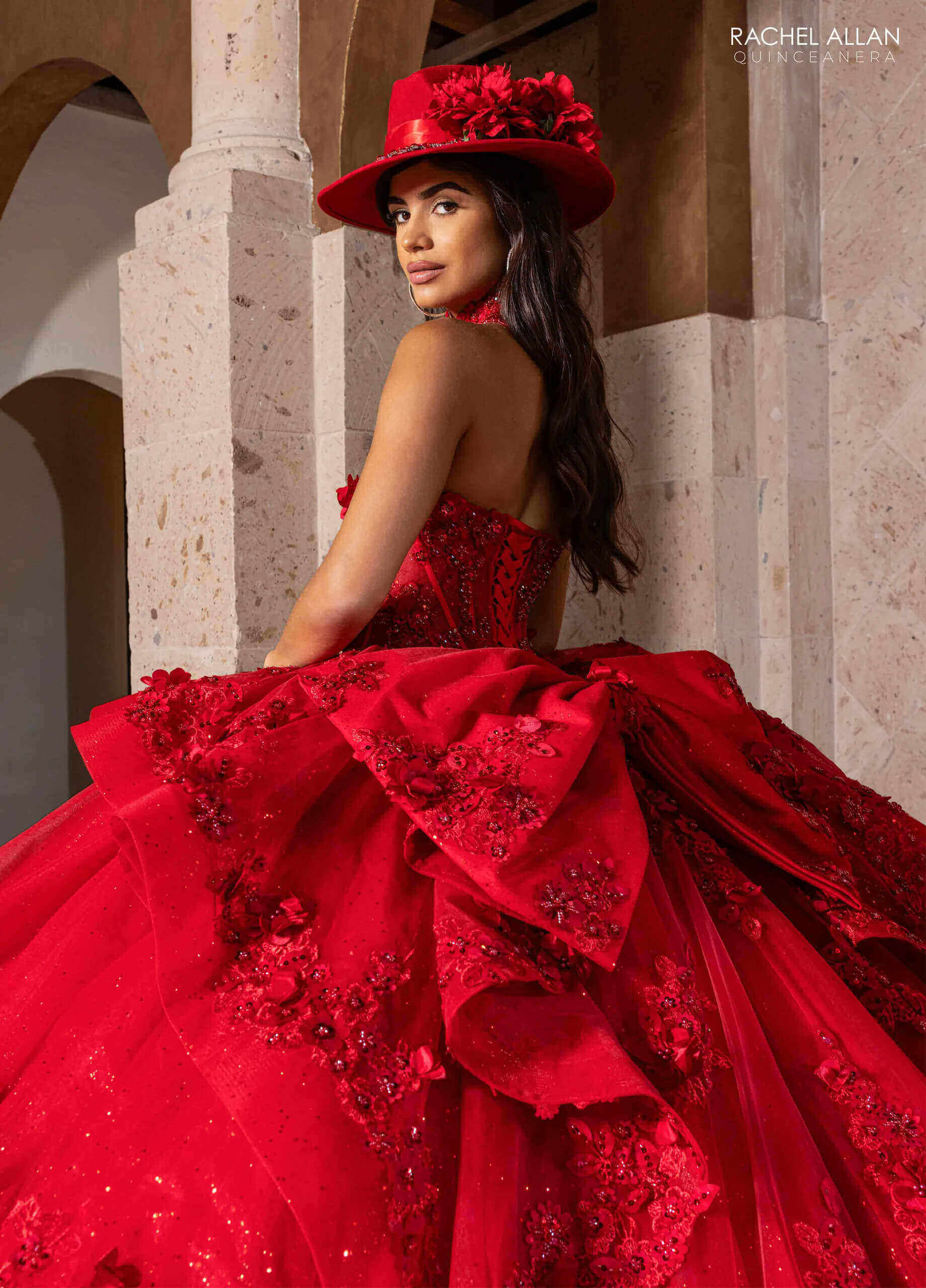 Deep Red Sweetheart Floor Length Glitter Tulle Quinceanera Ball Gown with 3D Floral Applique Rachel Allan RQ2241