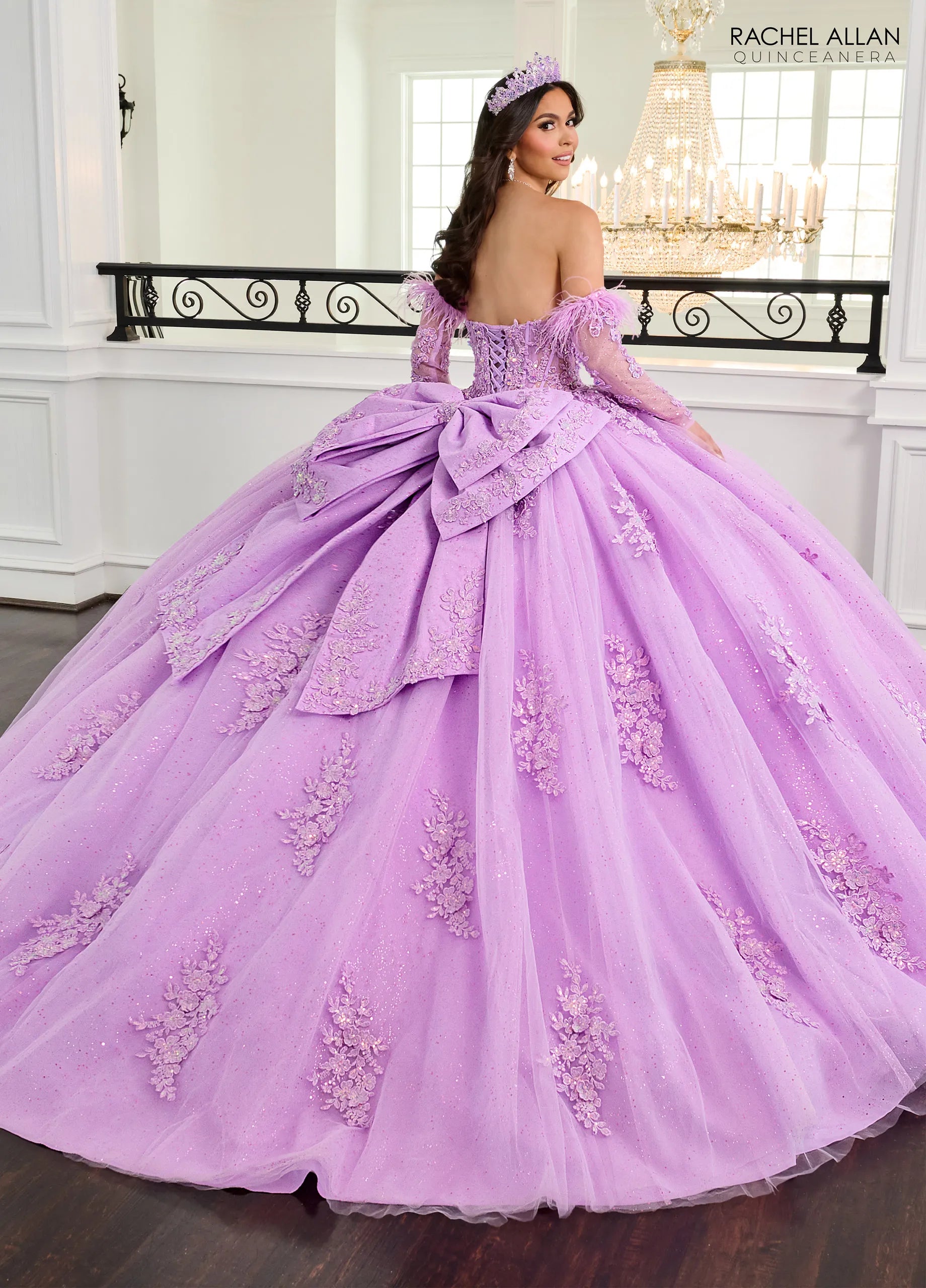 Lilac Sweetheart Floor-Length Glitter Tulle Quinceanera Ball Gown with Detachable Feather Sleeves Rachel Allan RQ2171