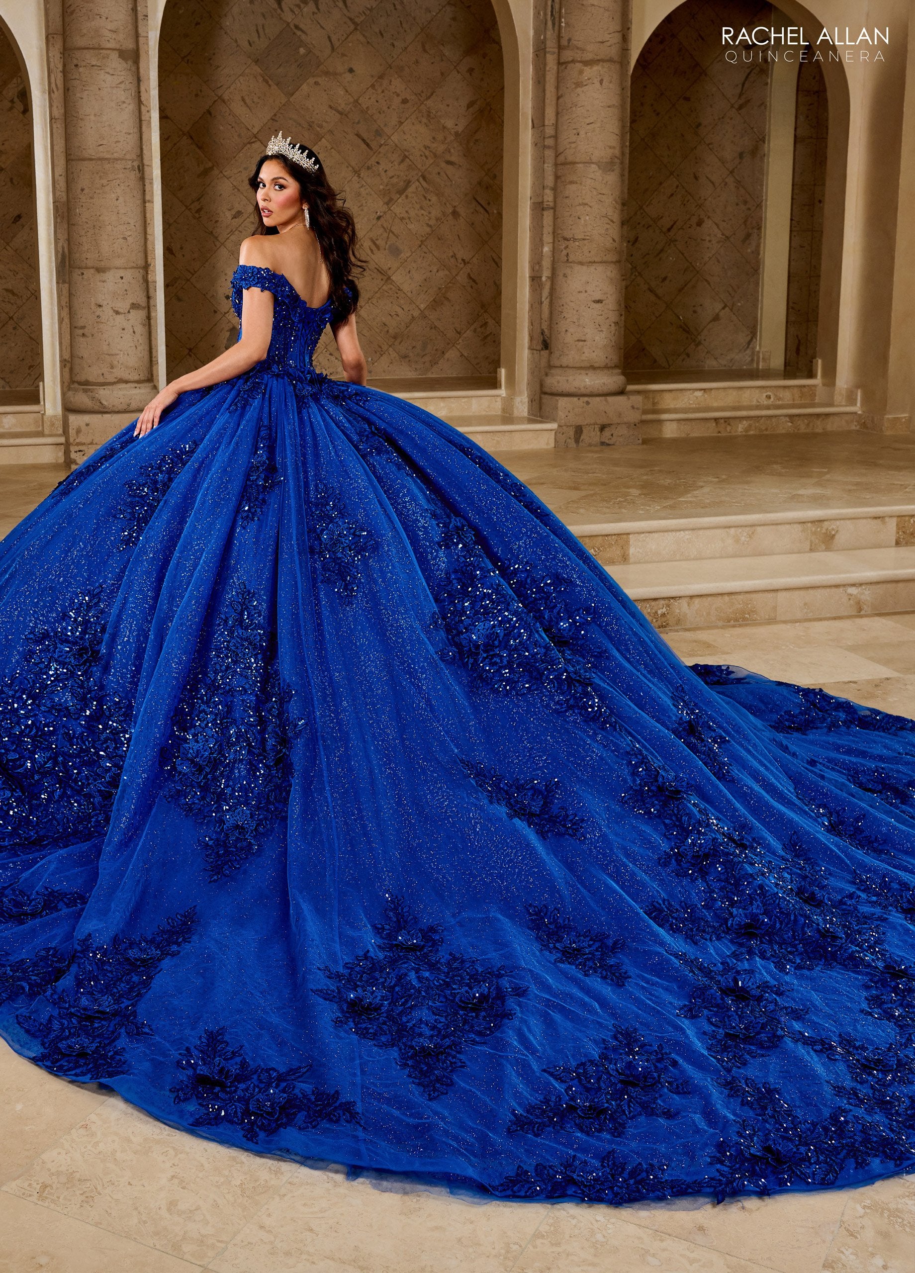 Quinceniera Dresses Long Ball Gown Glitter 3D Floral Quinceanera Dress Royal