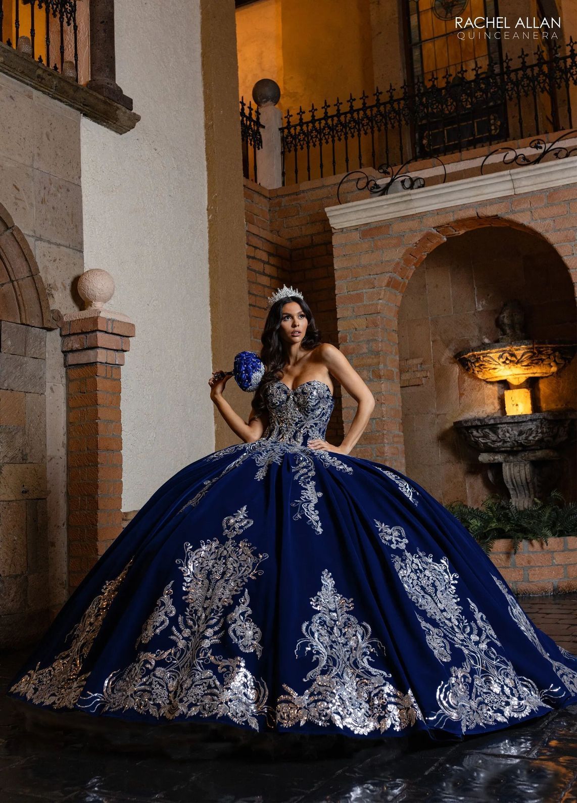 Royal Silver Sweetheart Floor Length Velvet Quinceanera Ball Gown with Metallic Embroidery Rachel Allan RQ3160