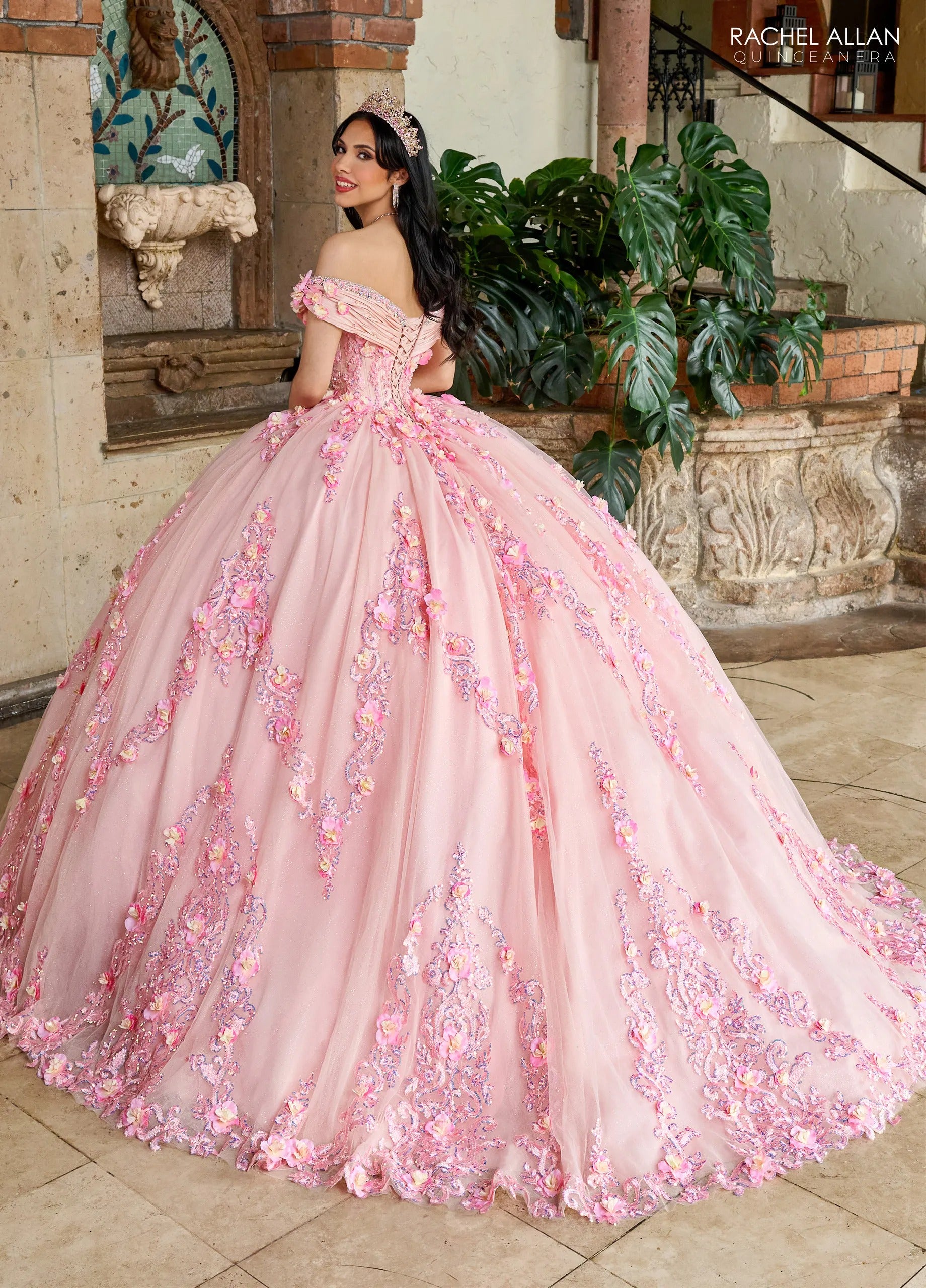 Blush Off the Shoulder Floor Length Taffeta Quinceanera Ball Gown with Floral Embroidery Rachel Allan RQ2204
