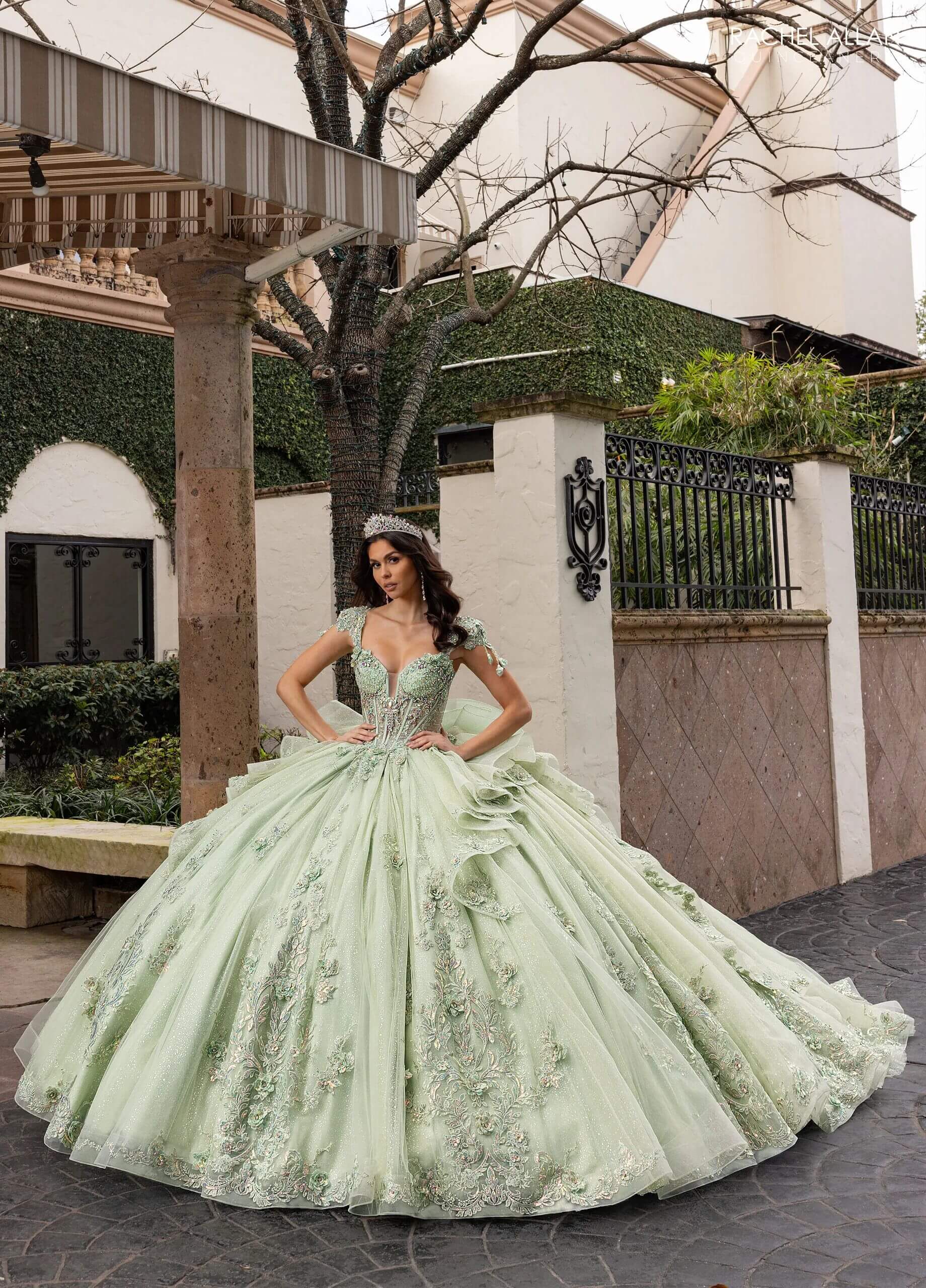 Sage Iridescent Illusion Floor Length Glitter Tulle Quinceanera Ball Gown with Cap Sleeves and Floral Back Bow Rachel Allan RQ3163