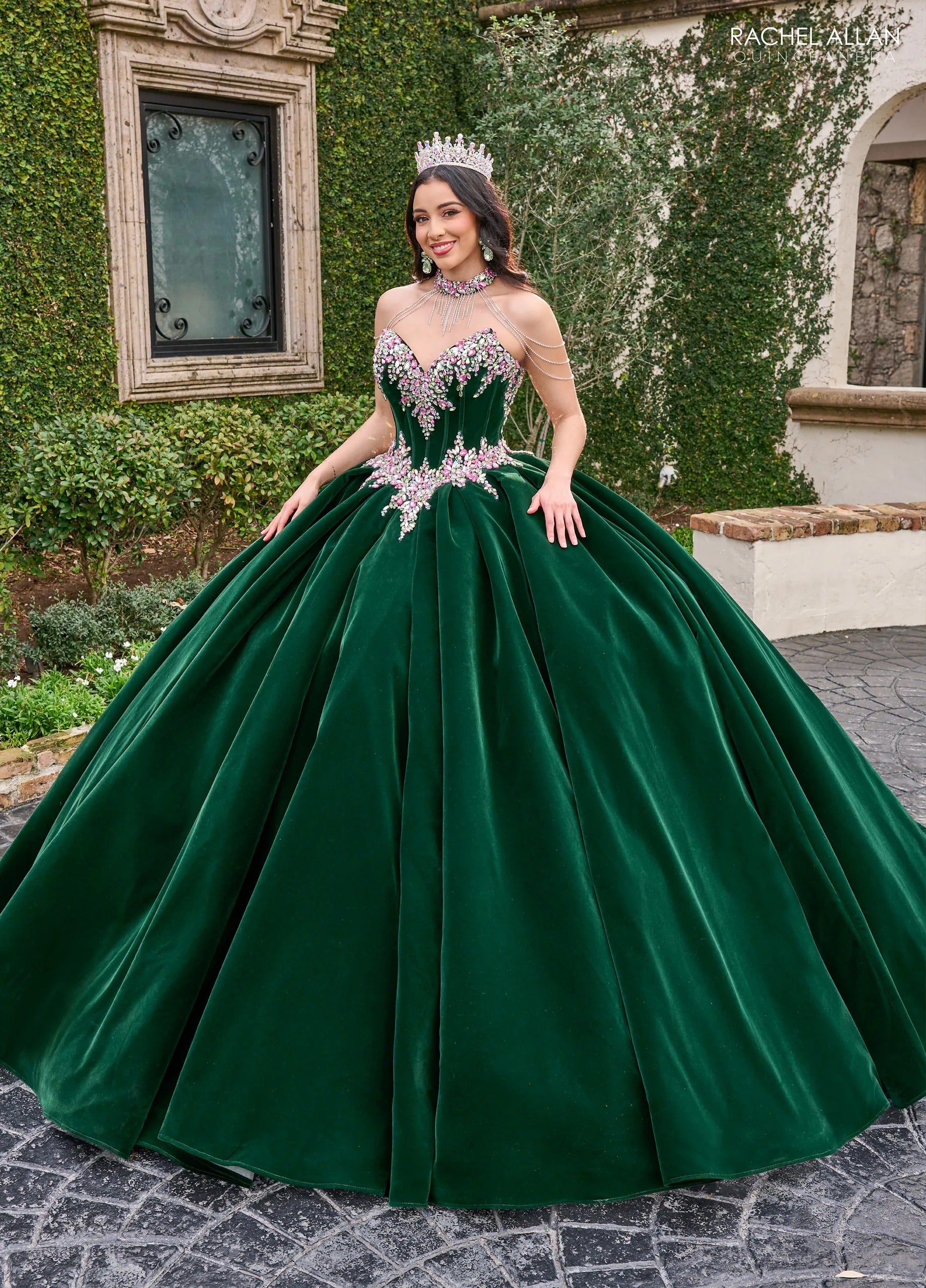 Emerald Multi Sweetheart Floor Length Velvet Quinceanera Ball Gown with Floral Embroidery Rachel Allan RQ2198