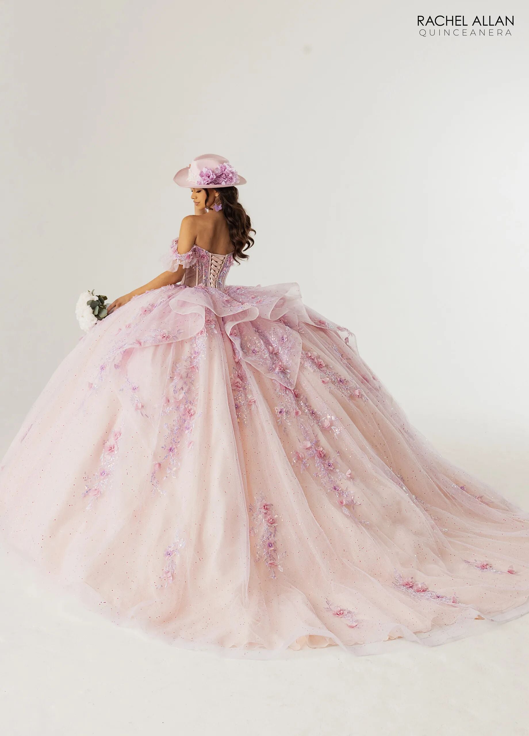 Lilac Blush Sweetheart Floor Length Glitter Tulle Quinceanera 3D Floral Applique Ball Gown Rachel Allan RQ2242