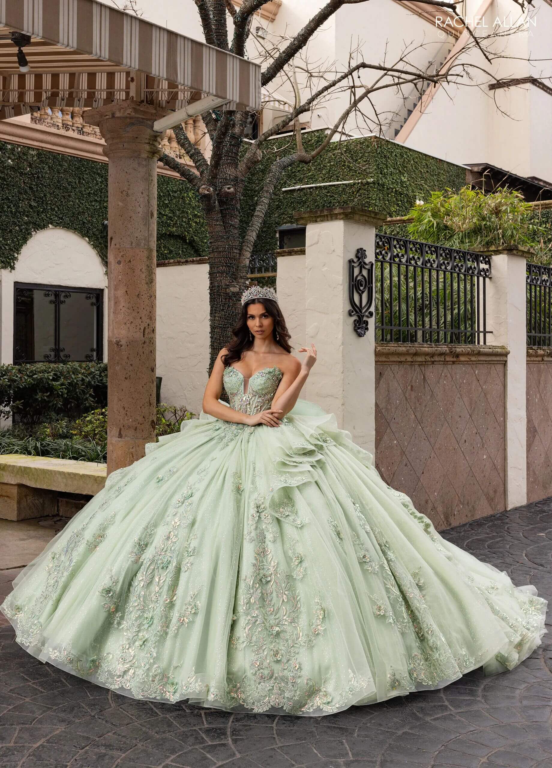 Sage Iridescent Illusion Floor Length Glitter Tulle Quinceanera Ball Gown with Cap Sleeves and Floral Back Bow Rachel Allan RQ3163