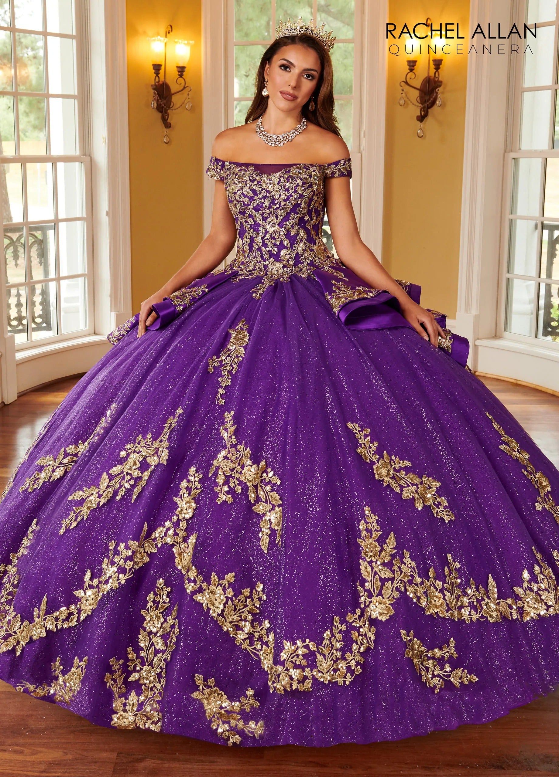 Purple Gold Off the Shoulder Floor Length Glitter Tulle Quinceanera Ball Gown with Mikado Skirt Rachel Allan RQ2162