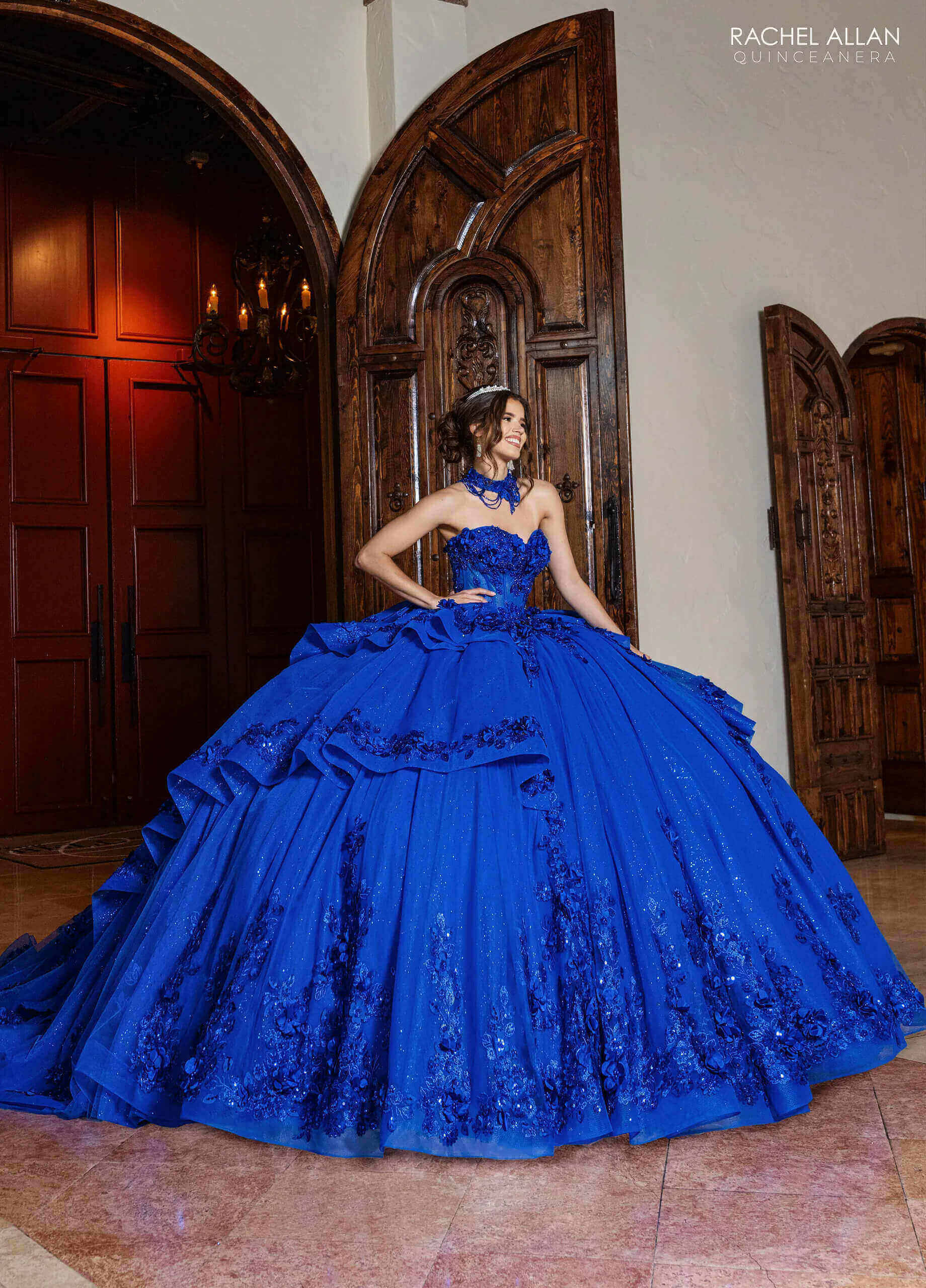 Royal Sweetheart Floor Length Glitter Tulle Quinceanera Ball Gown with 3D Floral Applique Rachel Allan RQ2241