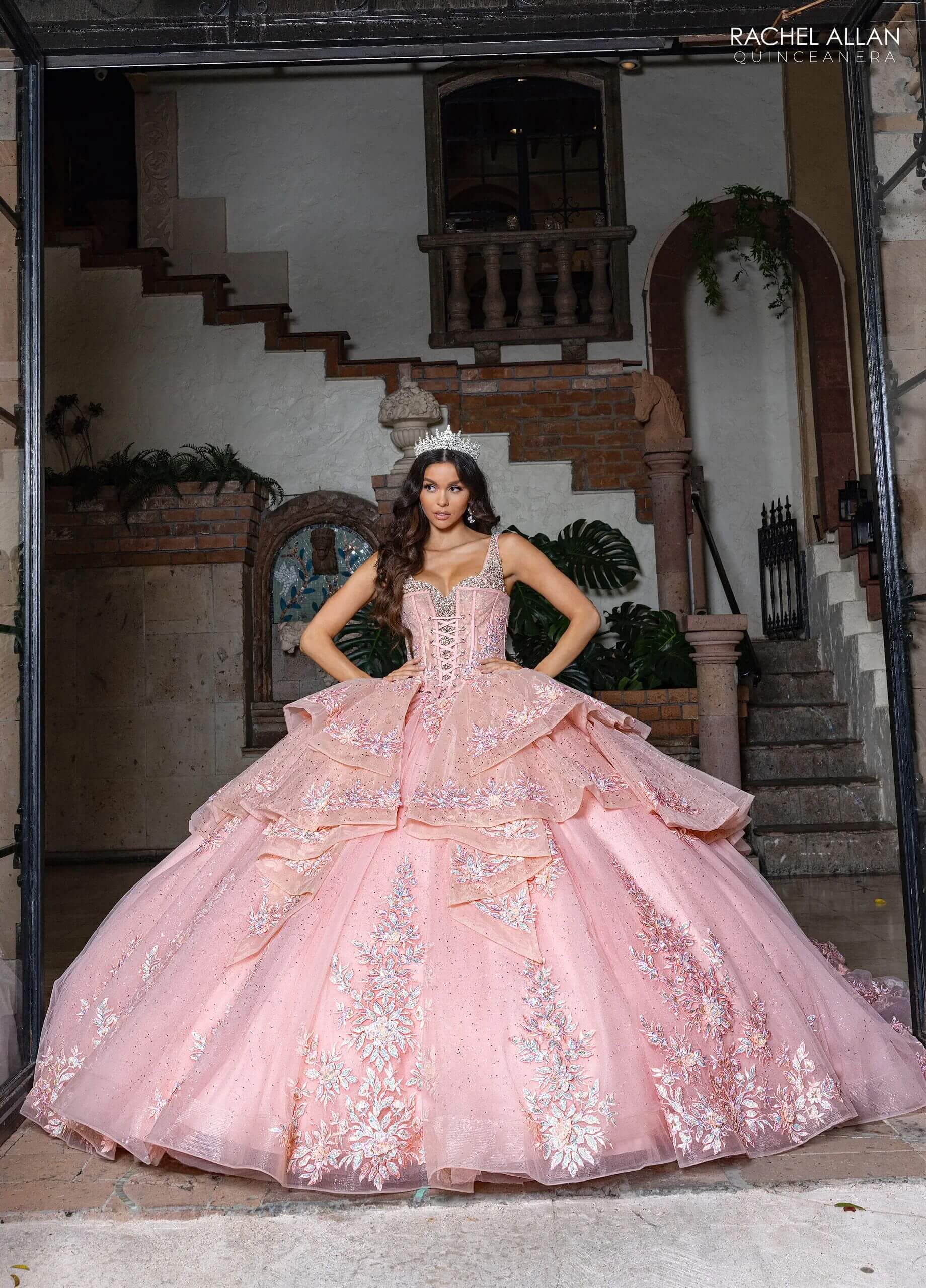 Blush Sweetheart Floor Length Glitter Tulle Quinceanera Ball Gown with Tiered Overskirt and Corset Overlay Rachel Allan RQ3158