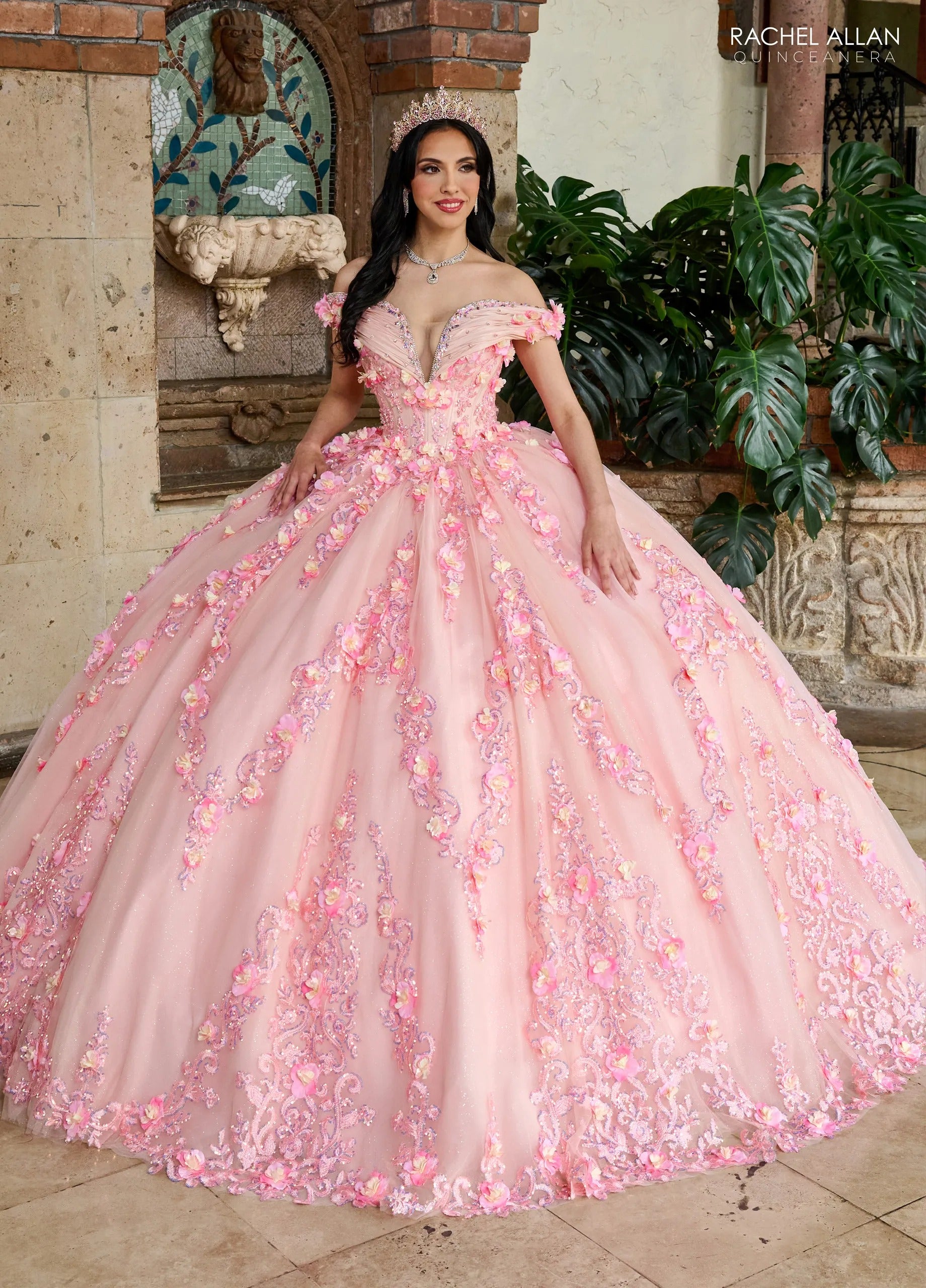 Blush Off the Shoulder Floor Length Taffeta Quinceanera Ball Gown with Floral Embroidery Rachel Allan RQ2204