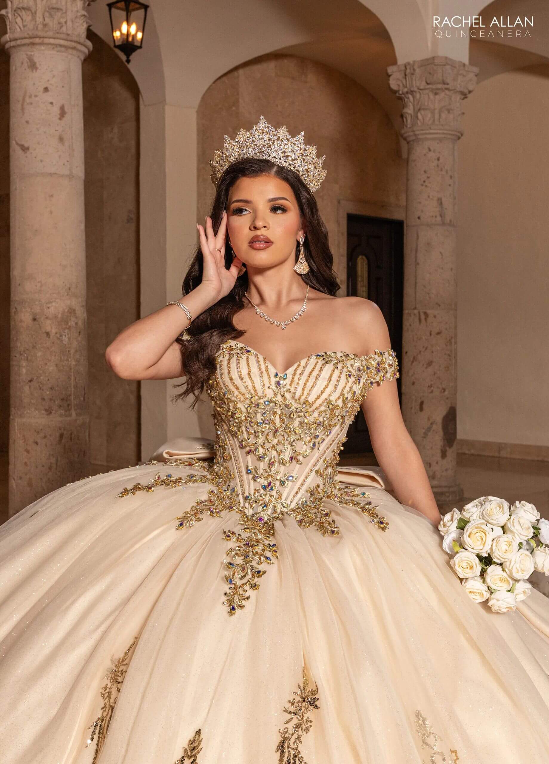 Champagne Gold Off the Shoulder Floor Length Glitter Tulle Quinceanera Ball Gown Rachel Allan RQ2247