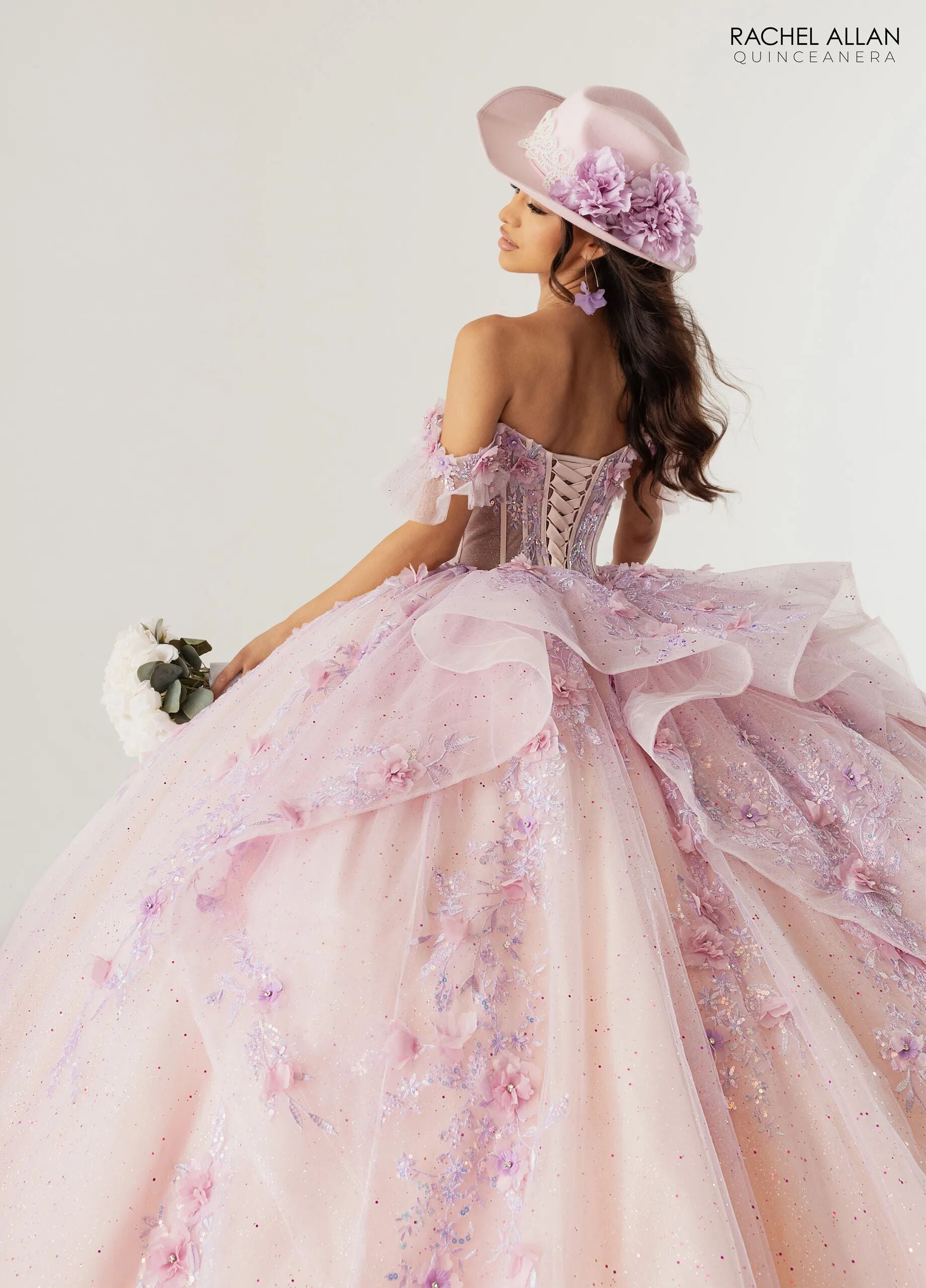 Lilac Blush Sweetheart Floor Length Glitter Tulle Quinceanera 3D Floral Applique Ball Gown Rachel Allan RQ2242