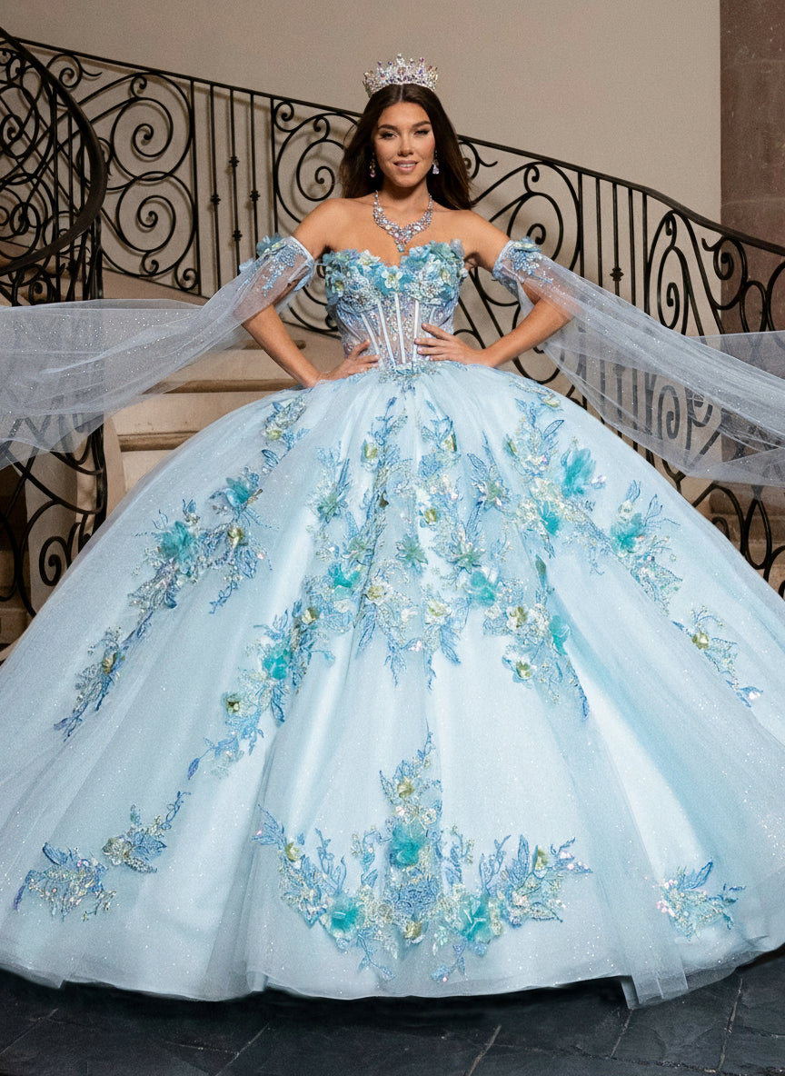 Rachel Allan RQ2216 Ball Gown Glitter Long Floral Quinceanera Dress - Light Blue Multi / 20 Rachel Allan RQ2216 Ball Gown Glitter Long Floral Quinceanera Dress - Light Blue Multi / 20
