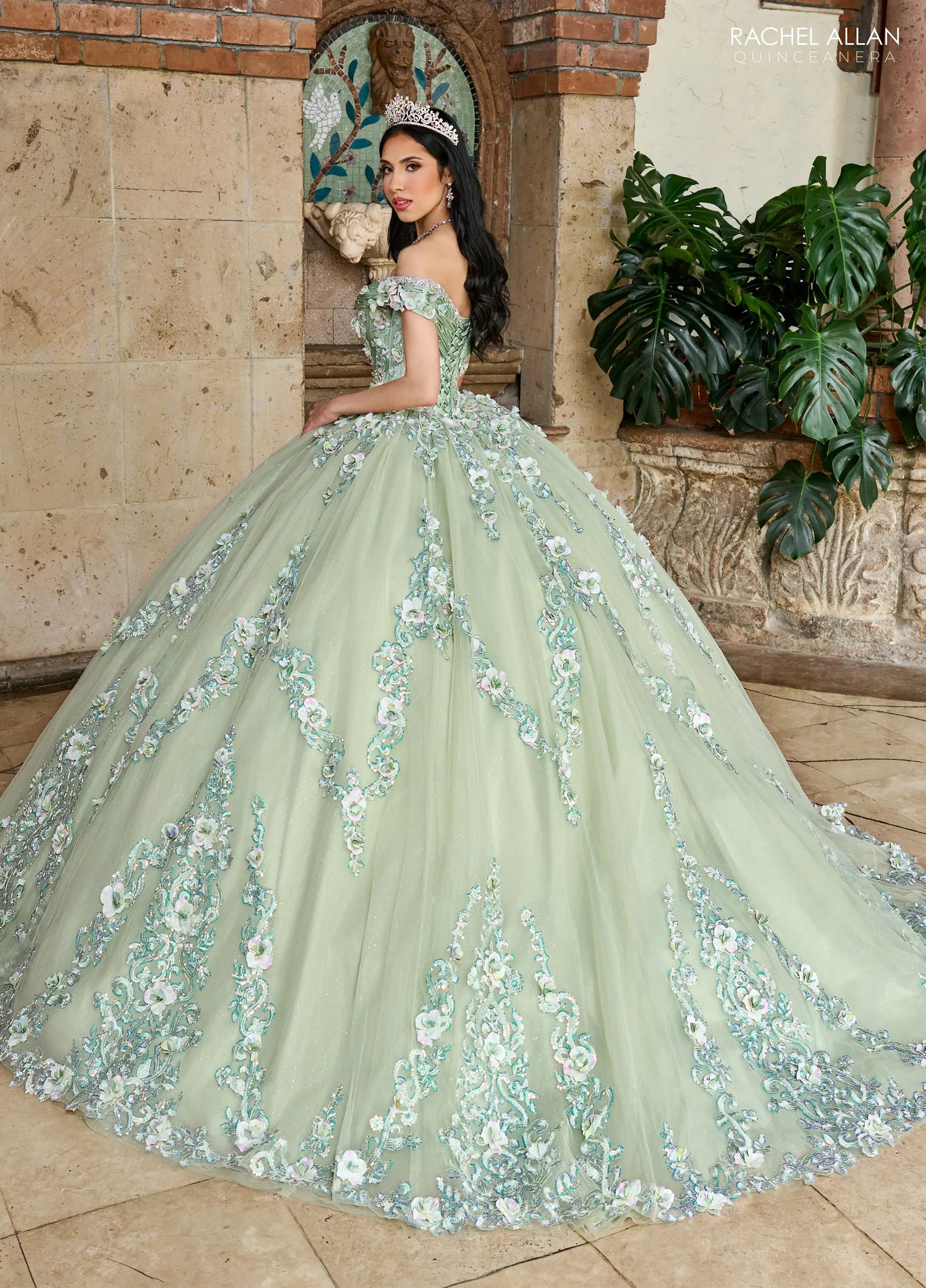 Sage Off the Shoulder Floor Length Taffeta Quinceanera Ball Gown with Floral Embroidery Rachel Allan RQ2204