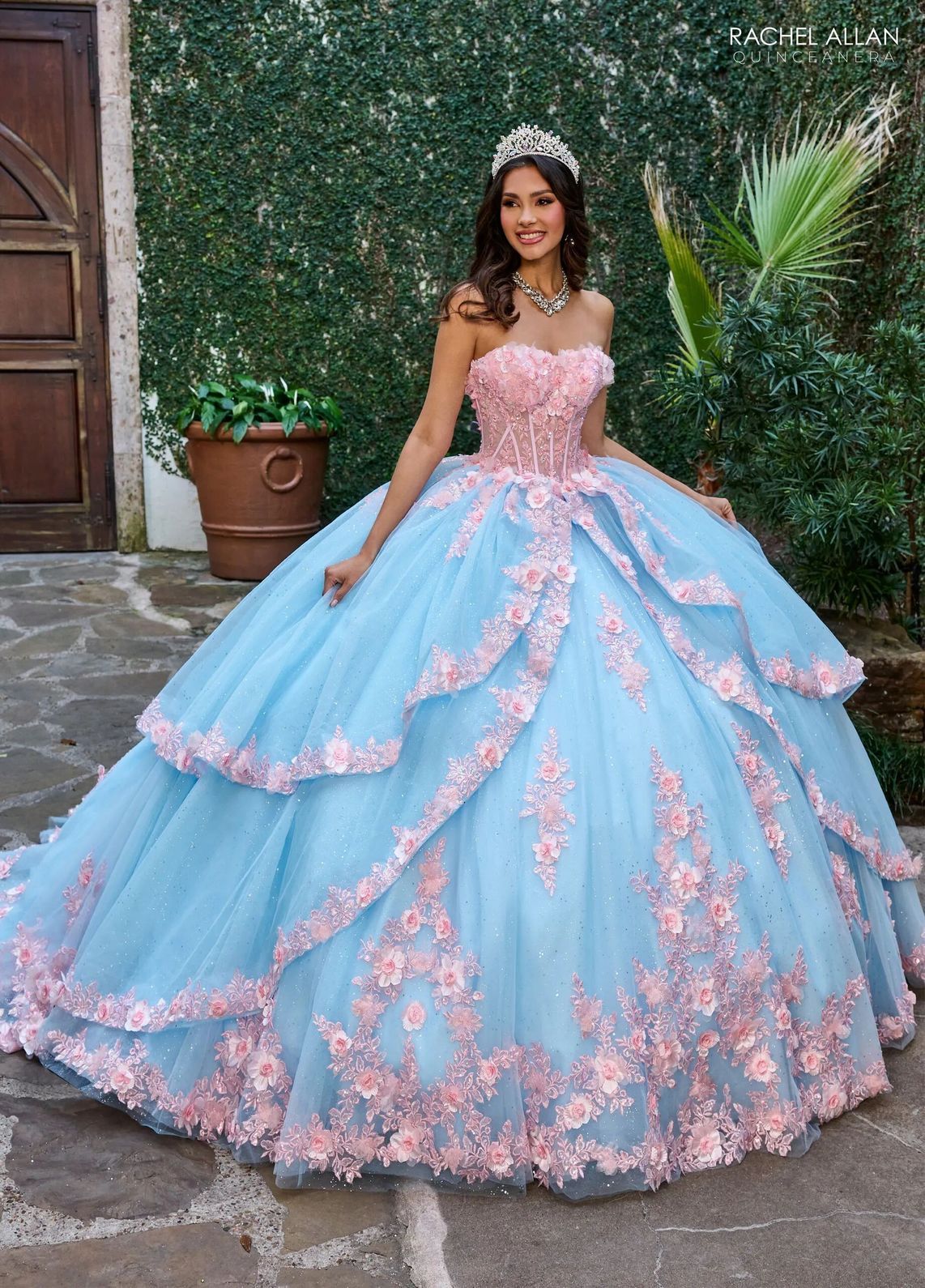 Pink Light Blue Off the Shoulder Floor Length Glitter Tulle Quinceanera Ball Gown with Floral Applique Rachel Allan RQ2196
