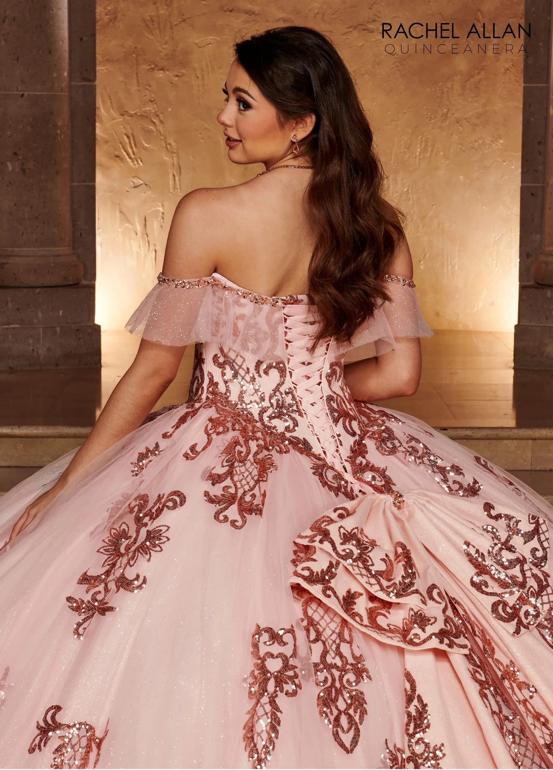 Blush Rose Gold Scoop Neck Floor Length Glitter Tulle Quinceanera Ball Gown with Detachable Bow Rachel Allan RQ2166