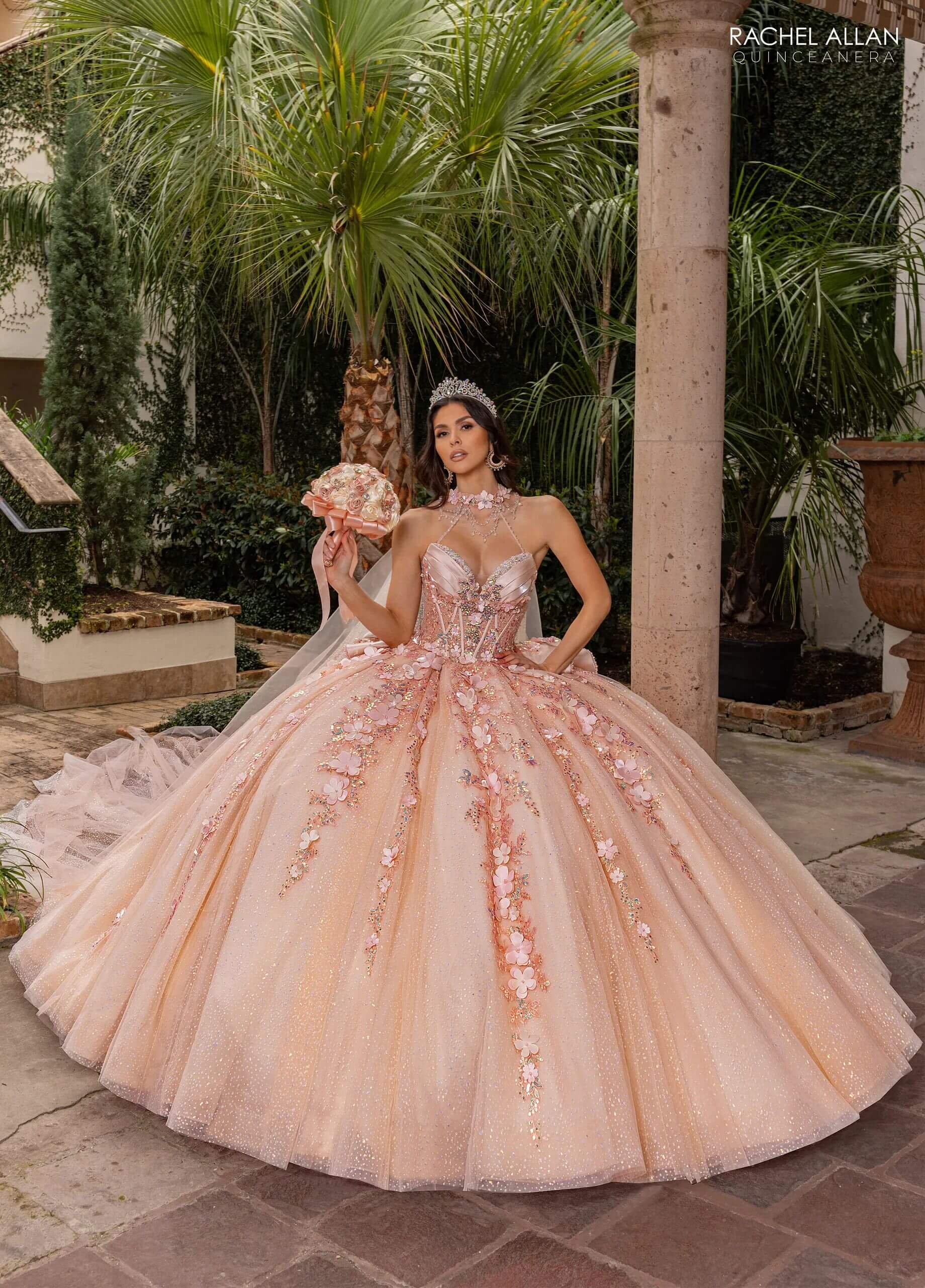 Champagne Sweetheart Floor Length Glitter Tulle Quinceanera Ball Gown with 3D Floral Appliques Detachable Bow and Optional Rachel Allan RQ3162