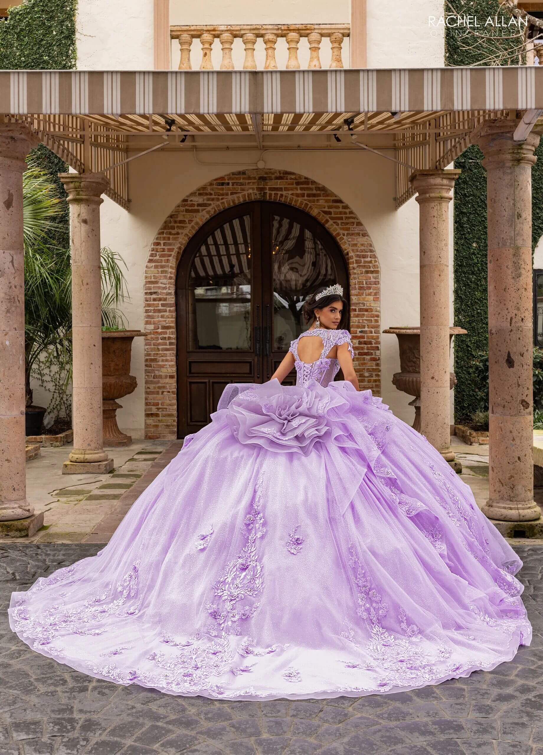 Lilac Iridescent Illusion Floor Length Glitter Tulle Quinceanera Ball Gown with Cap Sleeves and Floral Back Bow Rachel Allan RQ3163