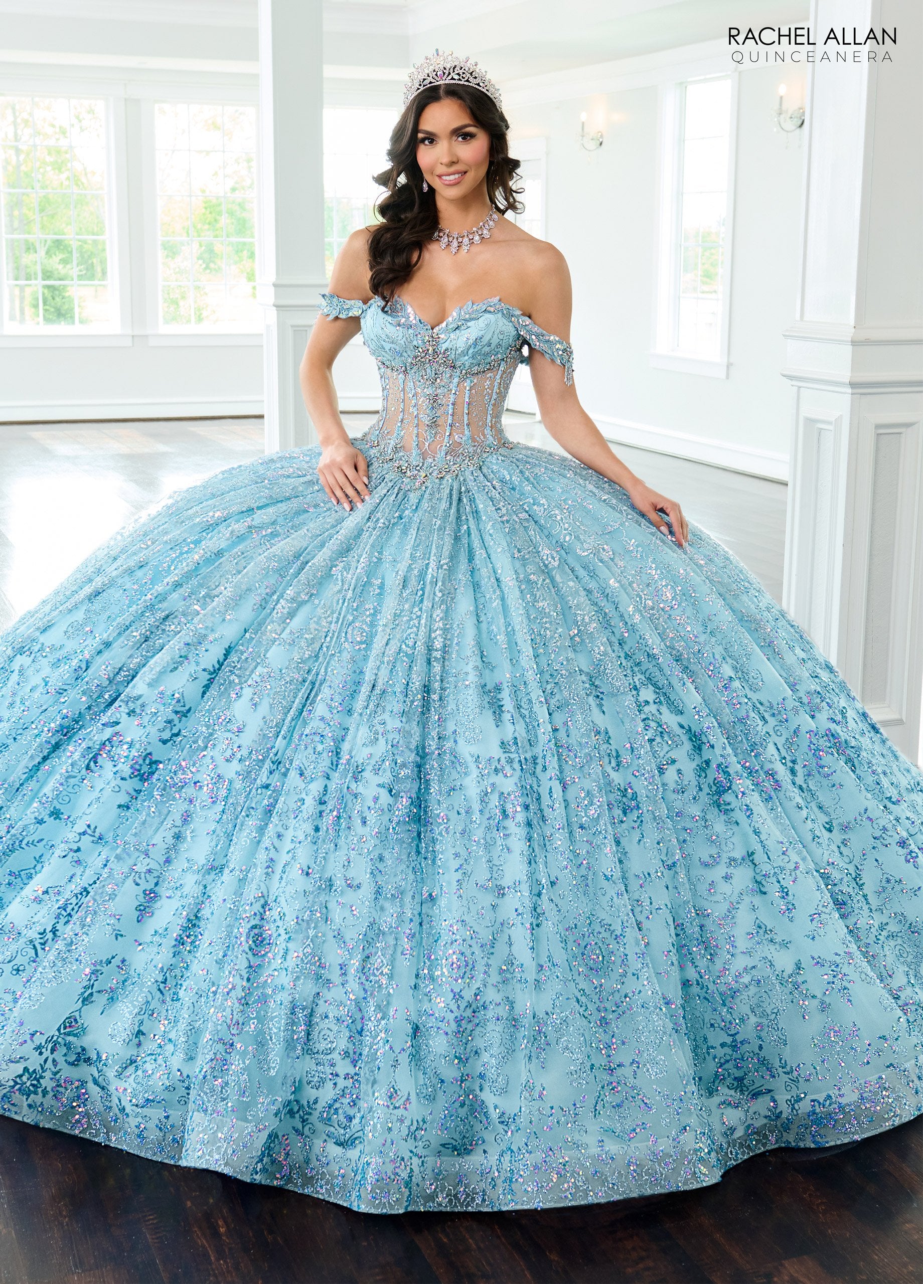 Quinceniera Dresses Long Beaded Ball Gown Glitter Quinceanera Dress Light Blue Ocean