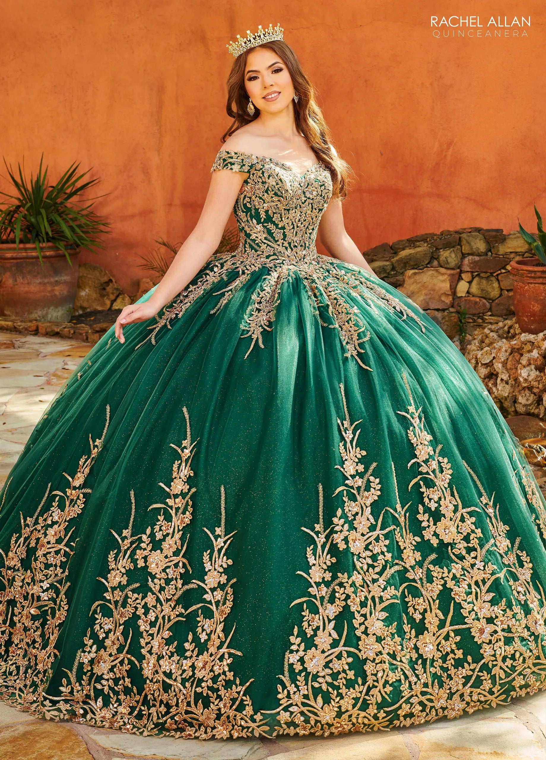 Emerald Rose Gold Off the Shoulder Floor Length Glitter Tulle Quinceanera Ball Gown with Beaded Applique Rachel Allan MQ2151