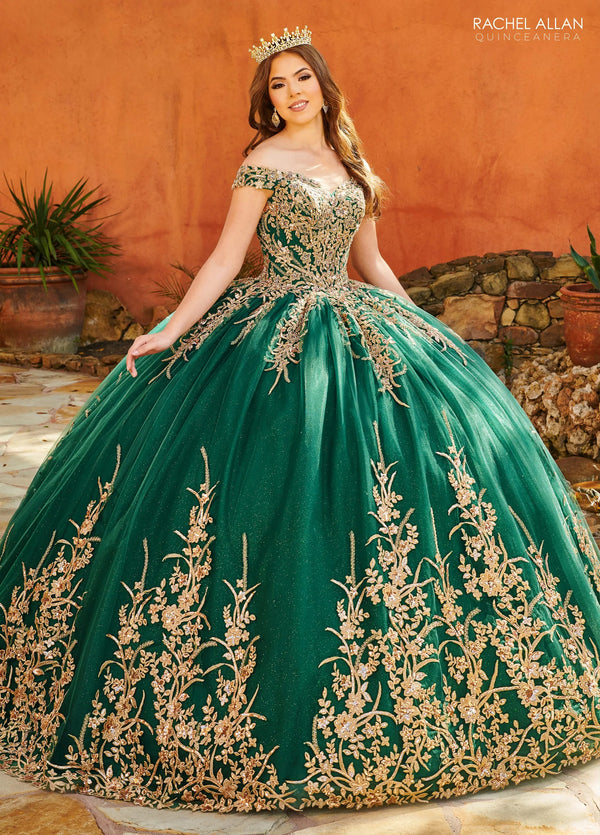 Off the Shoulder Floor Length Glitter Tulle Quinceanera Ball Gown with Beaded Applique Rachel Allan MQ2151
