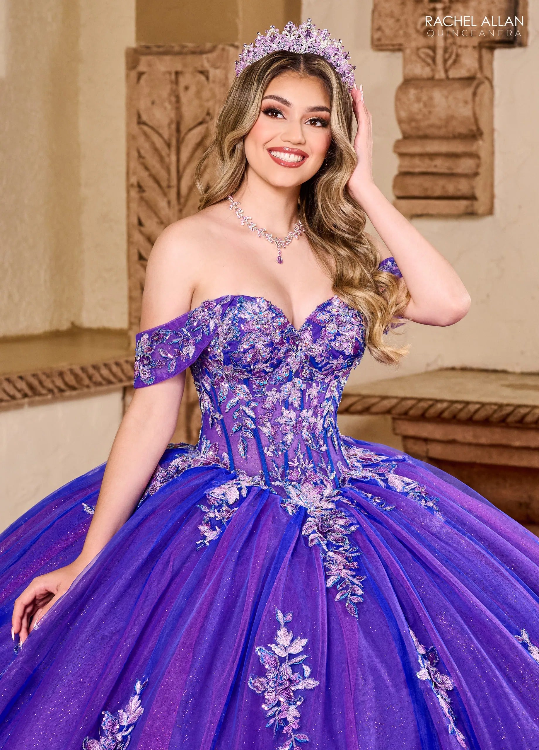 Royal Purple Sweetheart Floor Length Glitter Tulle Quinceanera Ball Gown Rachel Allan RQ2200