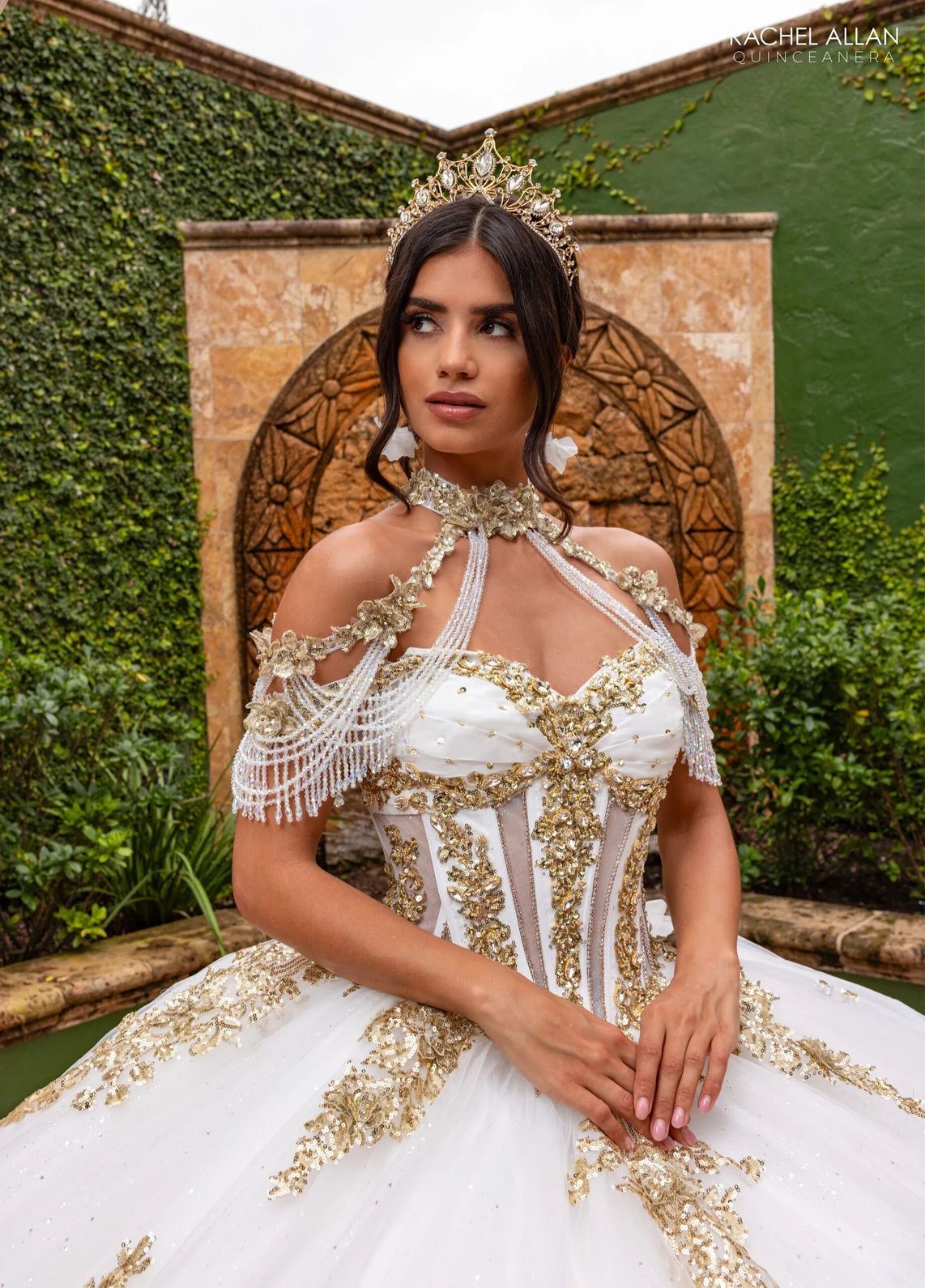 Ivory Gold Sweetheart Floor Length Glitter Tulle Quinceanera Ball Gown with 3D Floral Applique Rachel Allan RQ2225