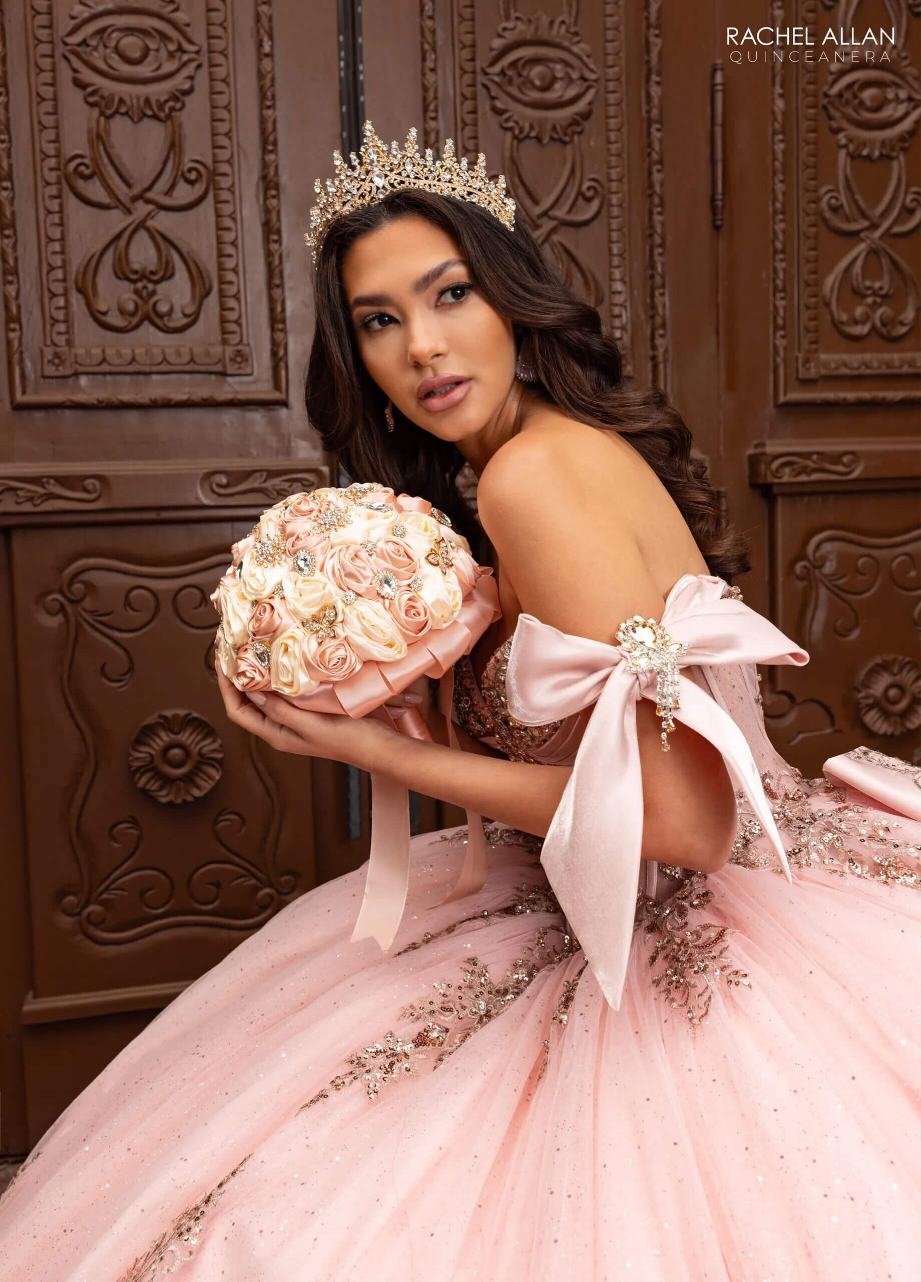 Blush Rose Gold Off the Shoulder Floor Length Glitter Tulle Quinceanera Ball Gown with 3D Floral Appliques and Detachable Rachel Allan RQ3155
