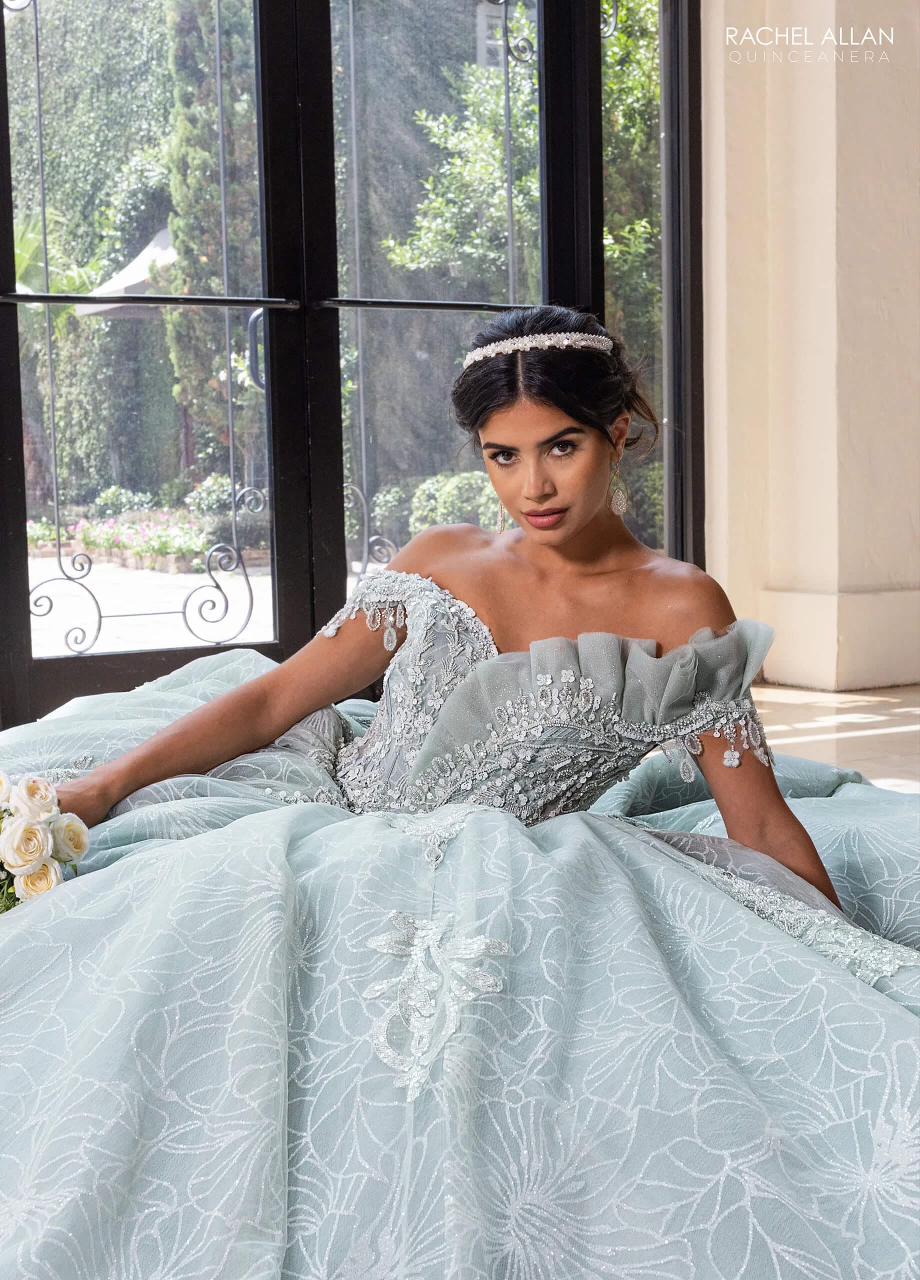 Mist Off the Shoulder Floor-Length Glitter Tulle Quinceanera Ball Gown with Detachable Bow Rachel Allan RQ2246