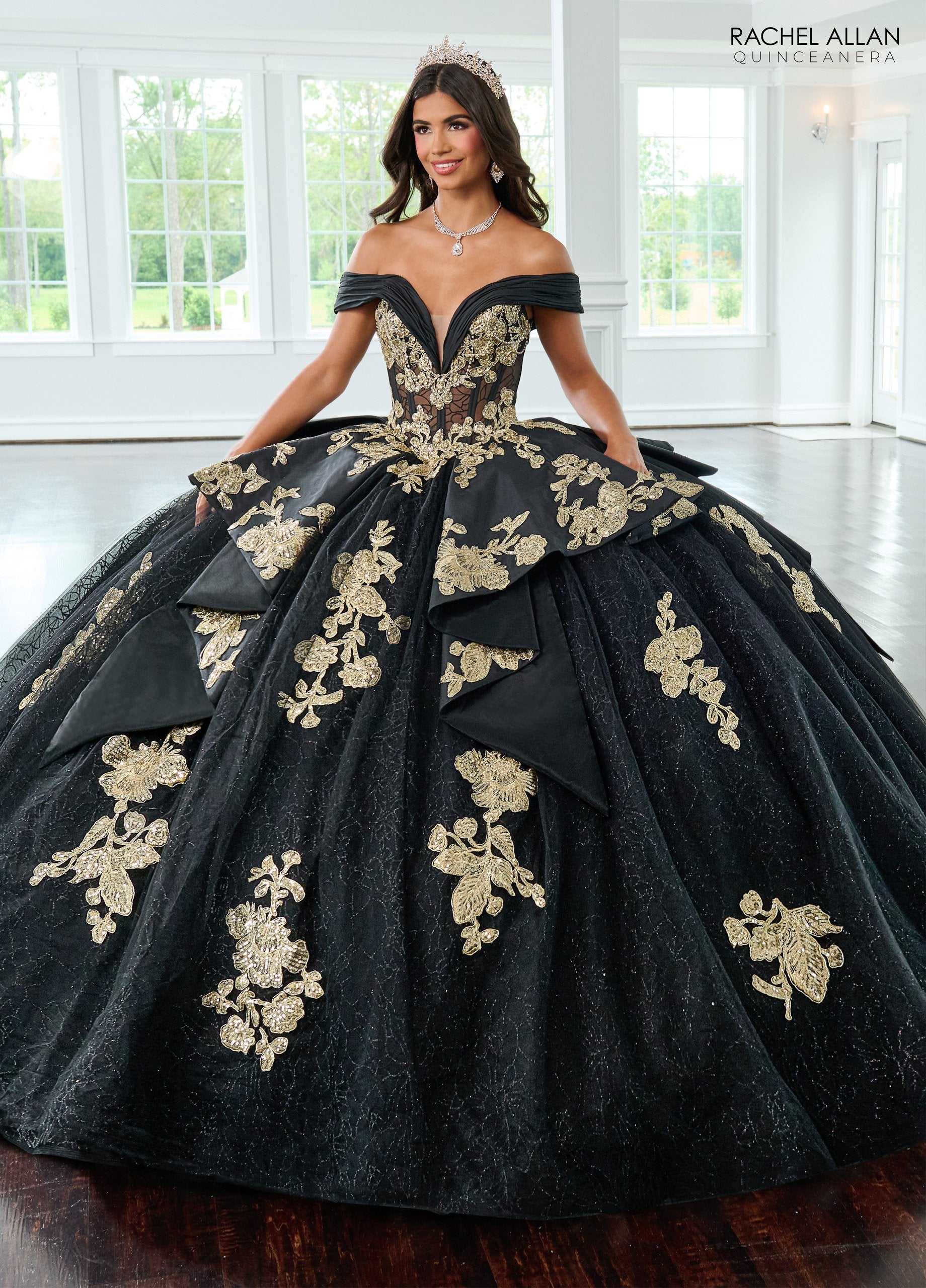 Rachel Allan RQ2222 Long Quinceanera Dress Beaded Glitter Ball Gown - Black Gold / 4 Rachel Allan RQ2222 Long Quinceanera Dress Beaded Glitter Ball Gown - Black Gold / 4