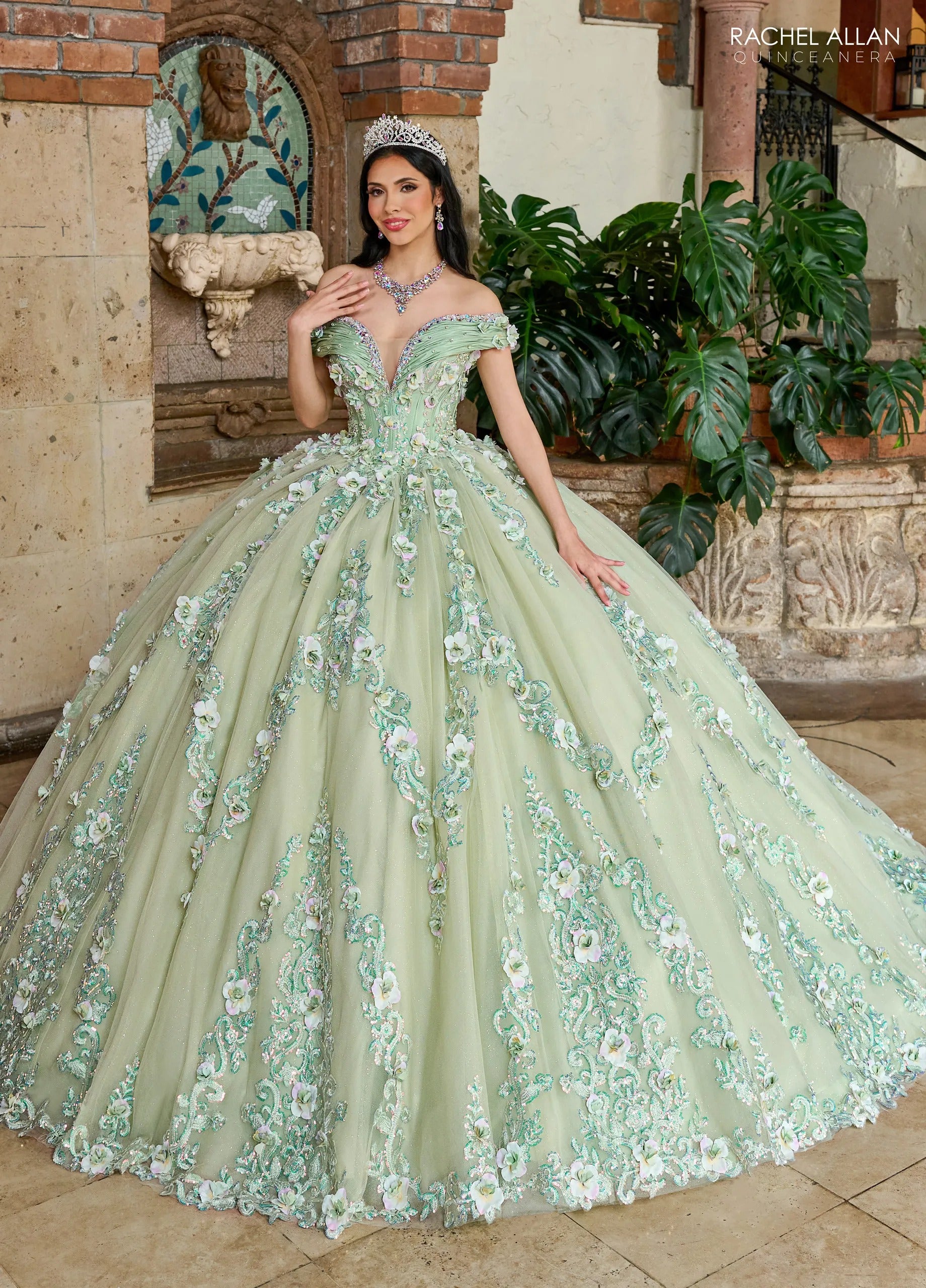 Sage Off the Shoulder Floor Length Taffeta Quinceanera Ball Gown with Floral Embroidery Rachel Allan RQ2204