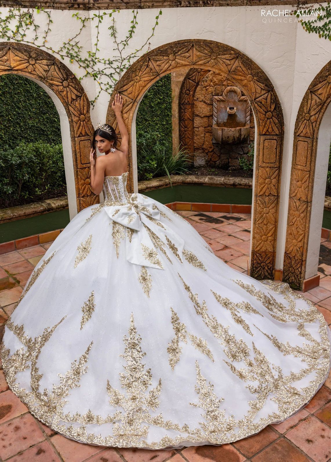 Ivory Gold Sweetheart Floor Length Glitter Tulle Quinceanera Ball Gown with 3D Floral Applique Rachel Allan RQ2225