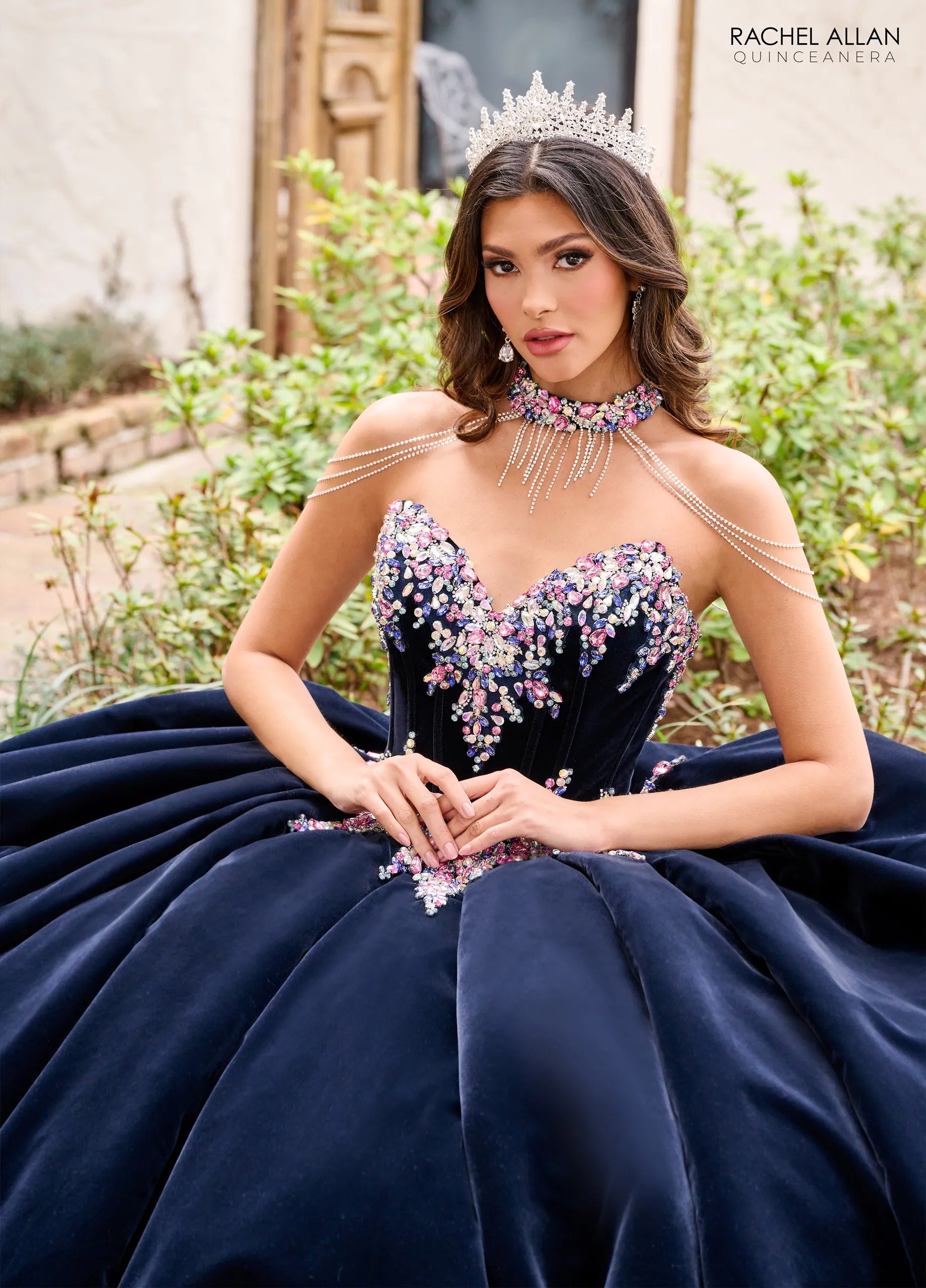 Navy Multi Sweetheart Floor Length Velvet Quinceanera Ball Gown with Floral Embroidery Rachel Allan RQ2198