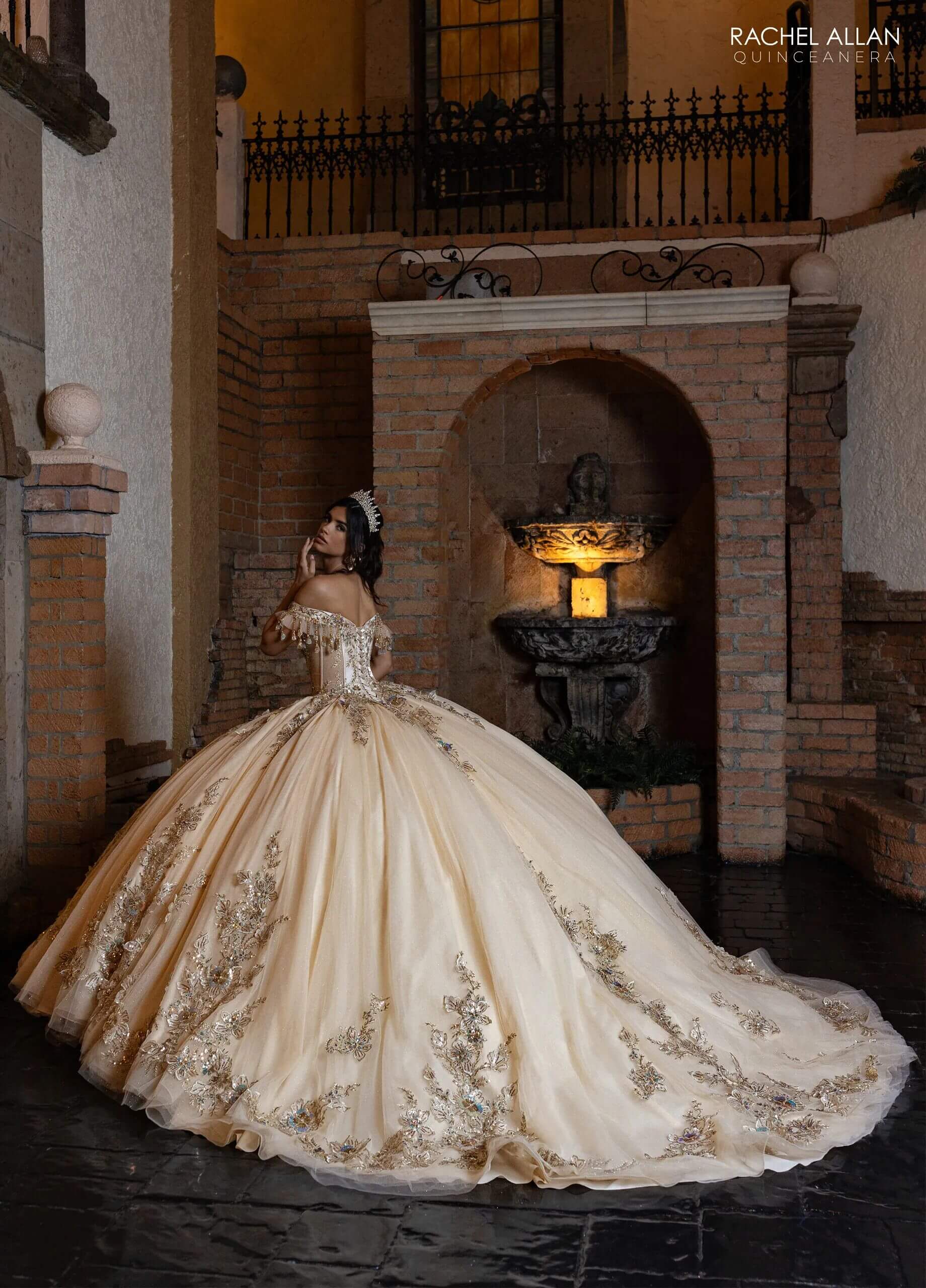 Champagne Gold Off the Shoulder Floor Length Glitter Tulle Quinceanera Ball Gown with Detachable Necklace and Bodice Liner Rachel Allan RQ2228