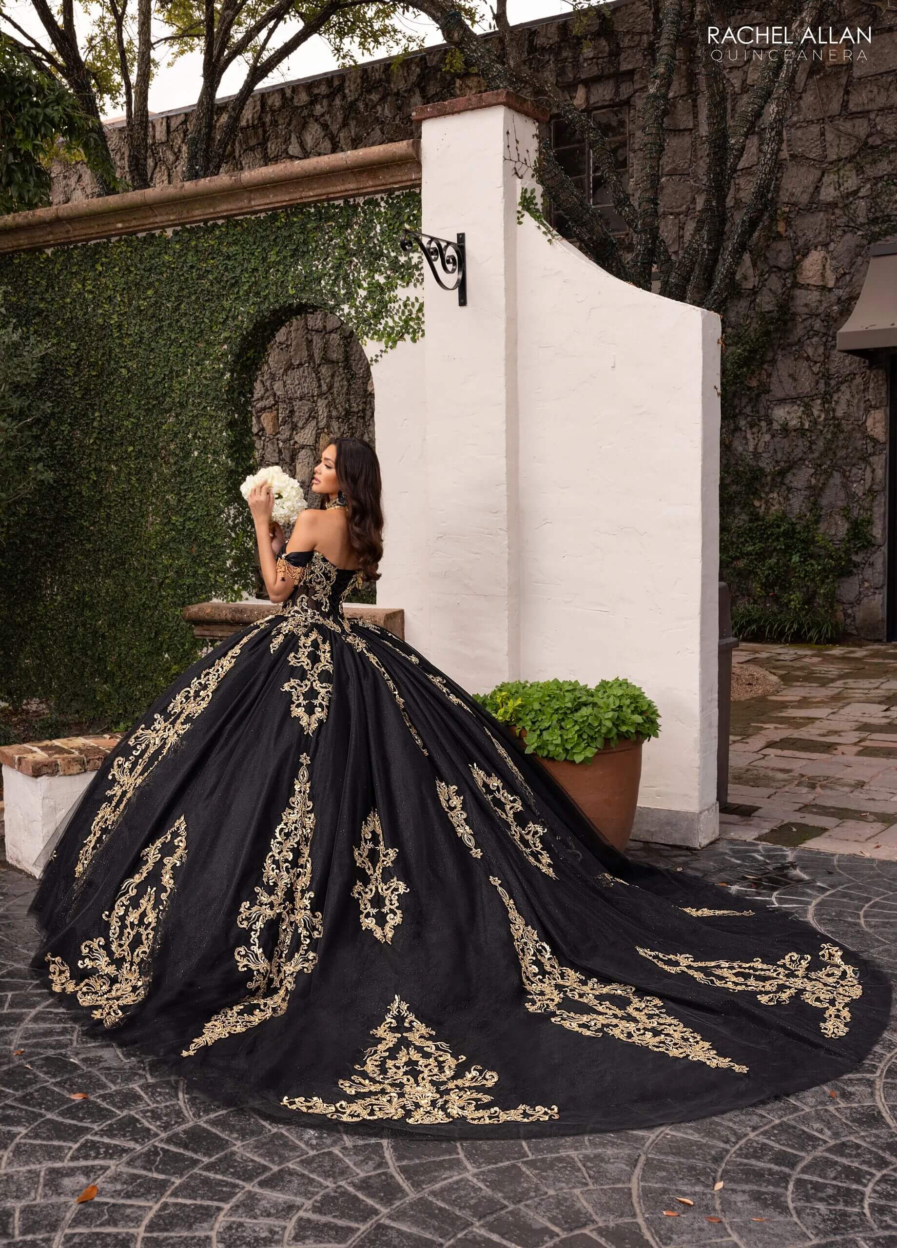 Black Gold Off the Shoulder Floor Length Glitter Tulle Quinceanera Ball Gown with Regal Applique Detachable Necklace and Bodice Liner Rachel Allan RQ2230