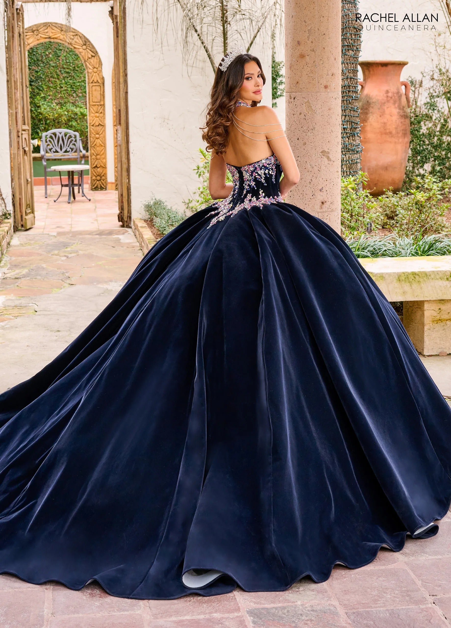 Navy Multi Sweetheart Floor Length Velvet Quinceanera Ball Gown with Floral Embroidery Rachel Allan RQ2198
