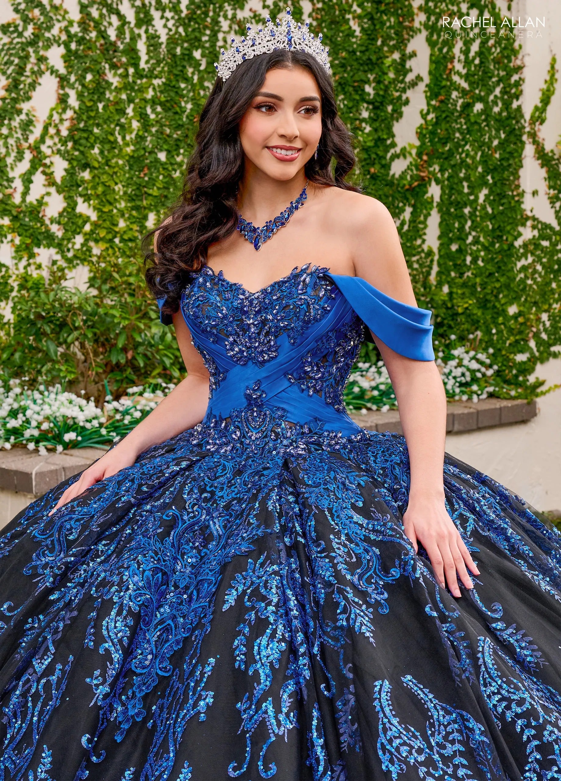 Black Royal Off the Shoulder Floor Length Glitter Tulle Quinceanera Ball Gown with Embroidered Applique Rachel Allan RQ2194
