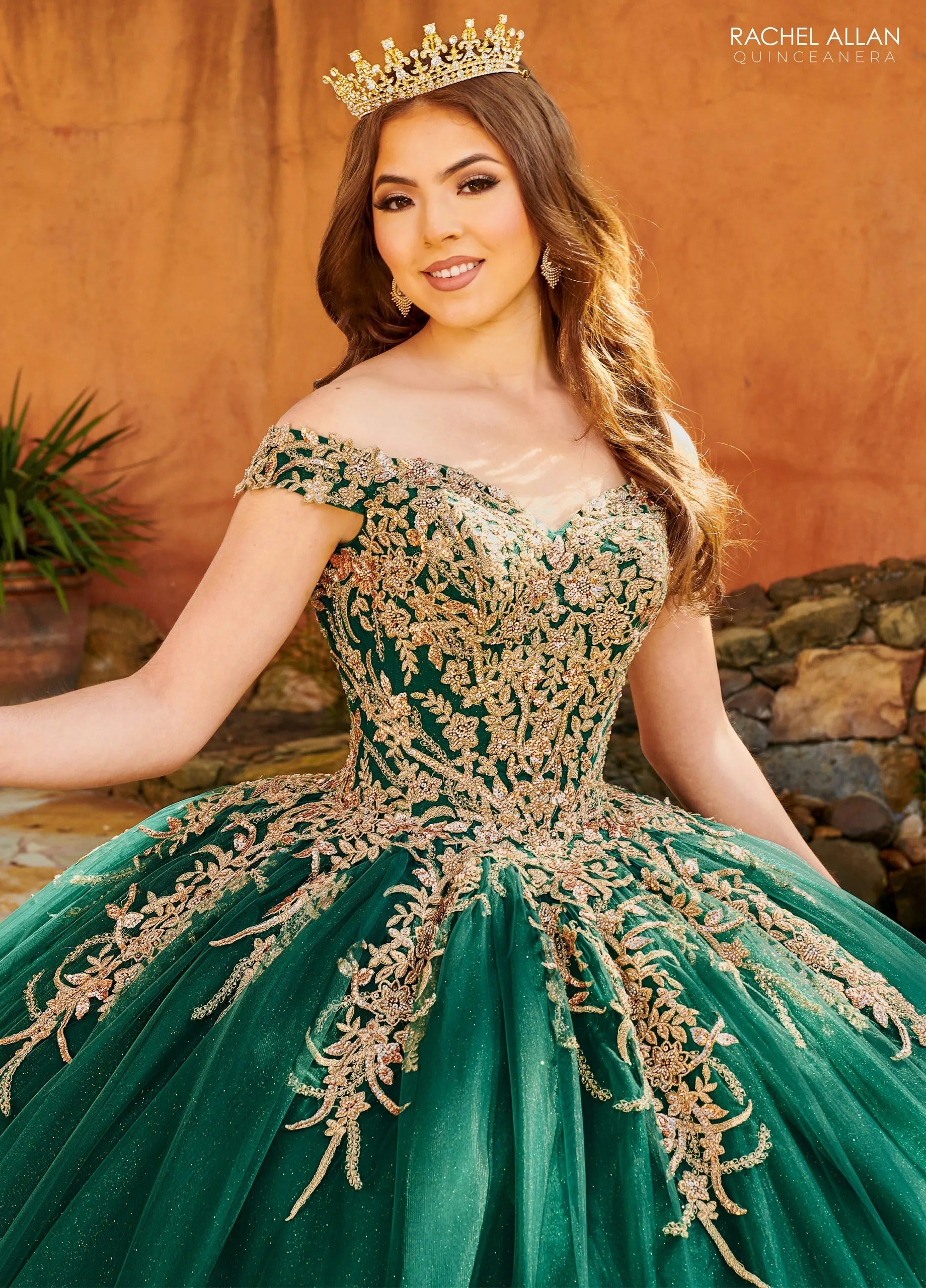Emerald Rose Gold Off the Shoulder Floor Length Glitter Tulle Quinceanera Ball Gown with Beaded Applique Rachel Allan MQ2151