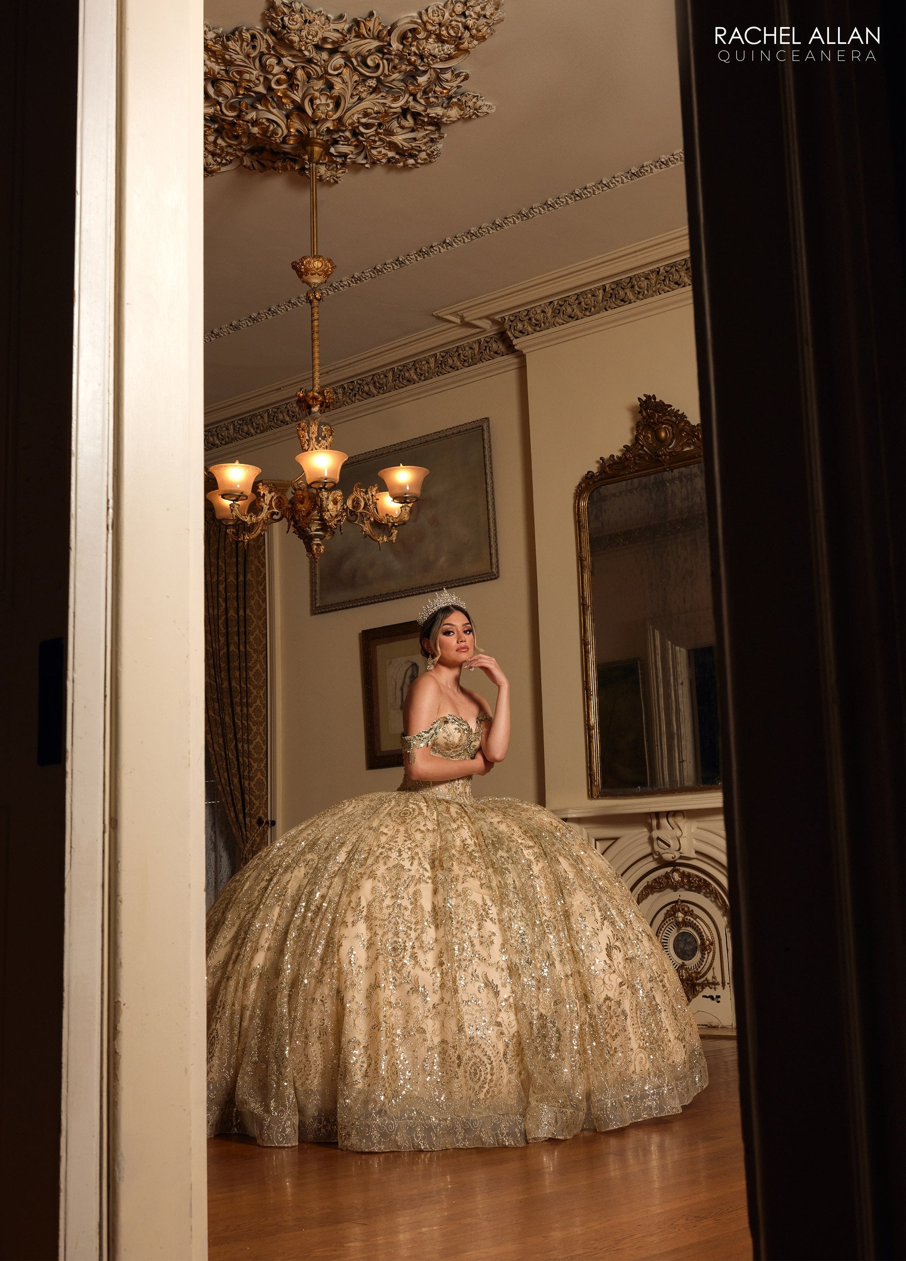 Quinceniera Dresses Long Beaded Ball Gown Glitter Quinceanera Dress Champagne Gold