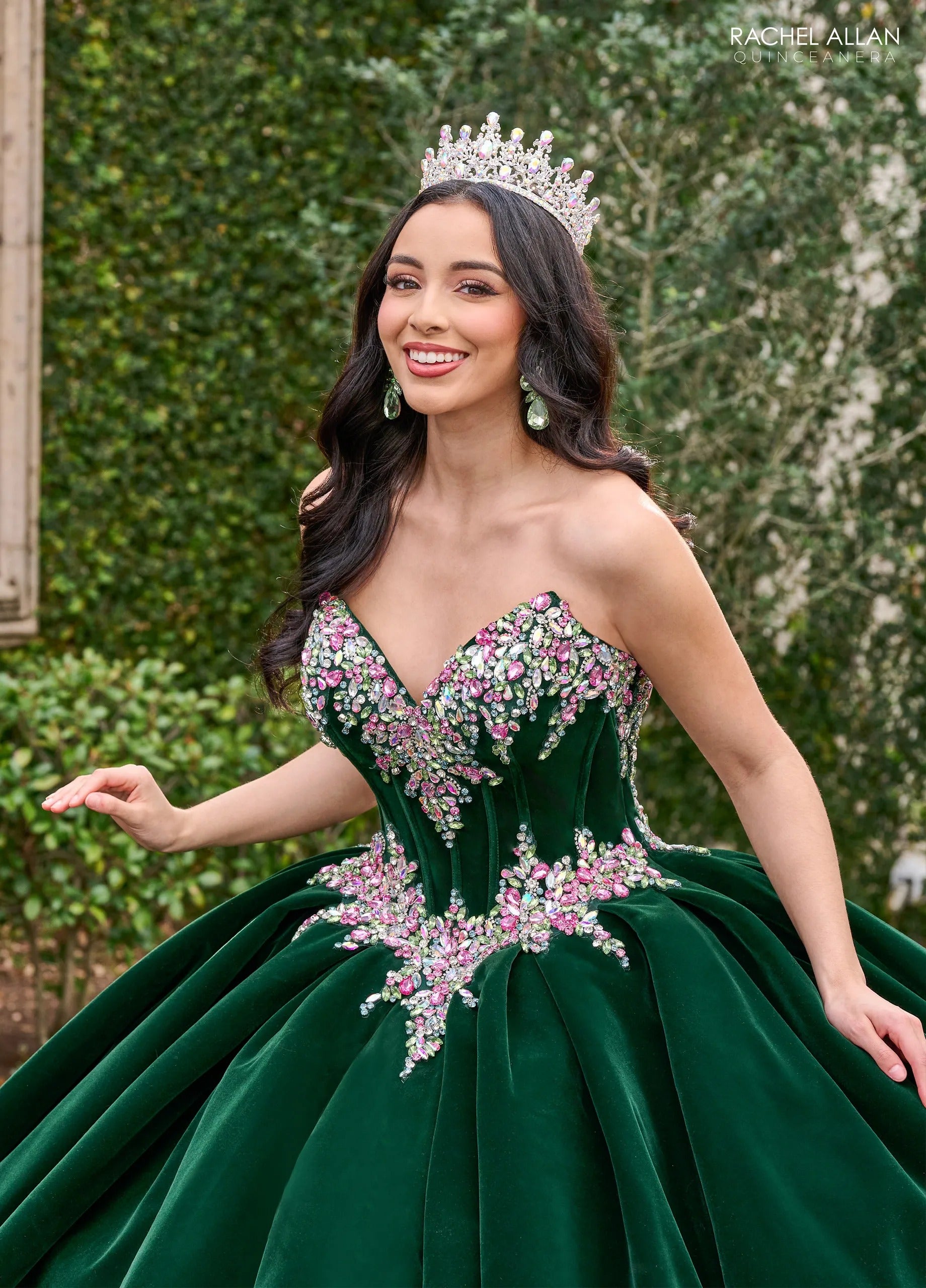 Emerald Multi Sweetheart Floor Length Velvet Quinceanera Ball Gown with Floral Embroidery Rachel Allan RQ2198